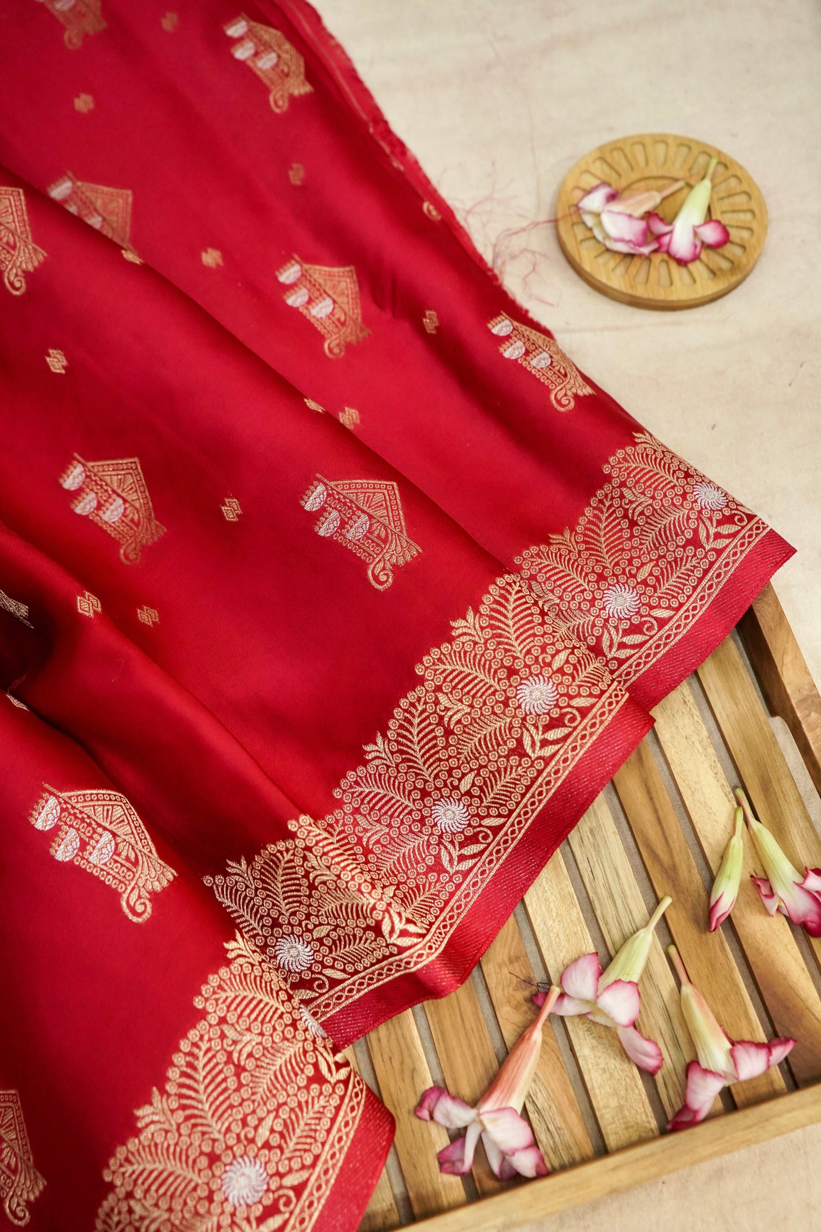 Bright Crimson Red Mashru Silk Saree with Gold Zari Floral Border