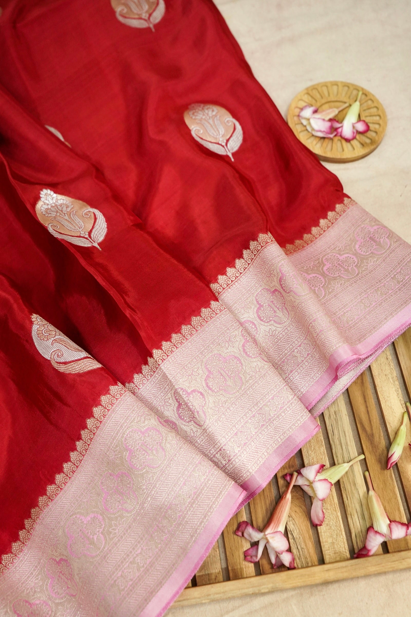 Cherry Red Muslin Silk Saree with Blush Pink Border