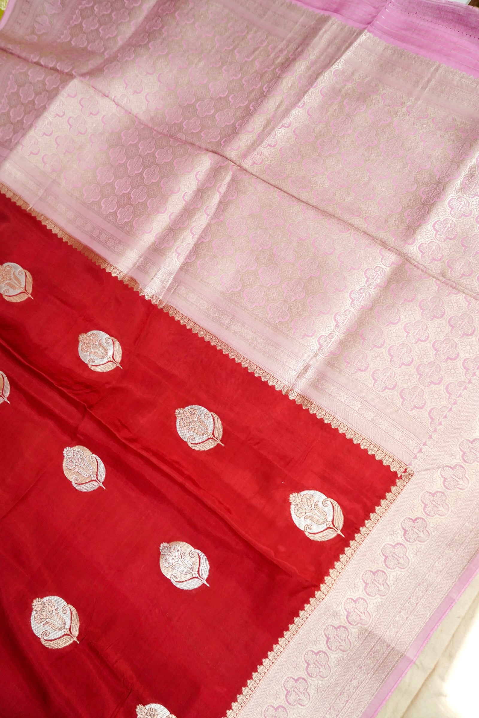 Cherry Red Muslin Silk Saree with Blush Pink Border
