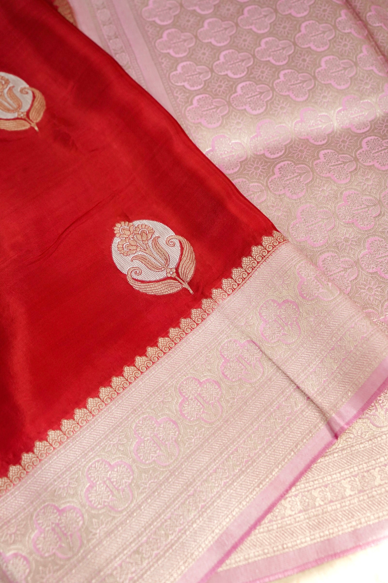 Cherry Red Muslin Silk Saree with Blush Pink Border