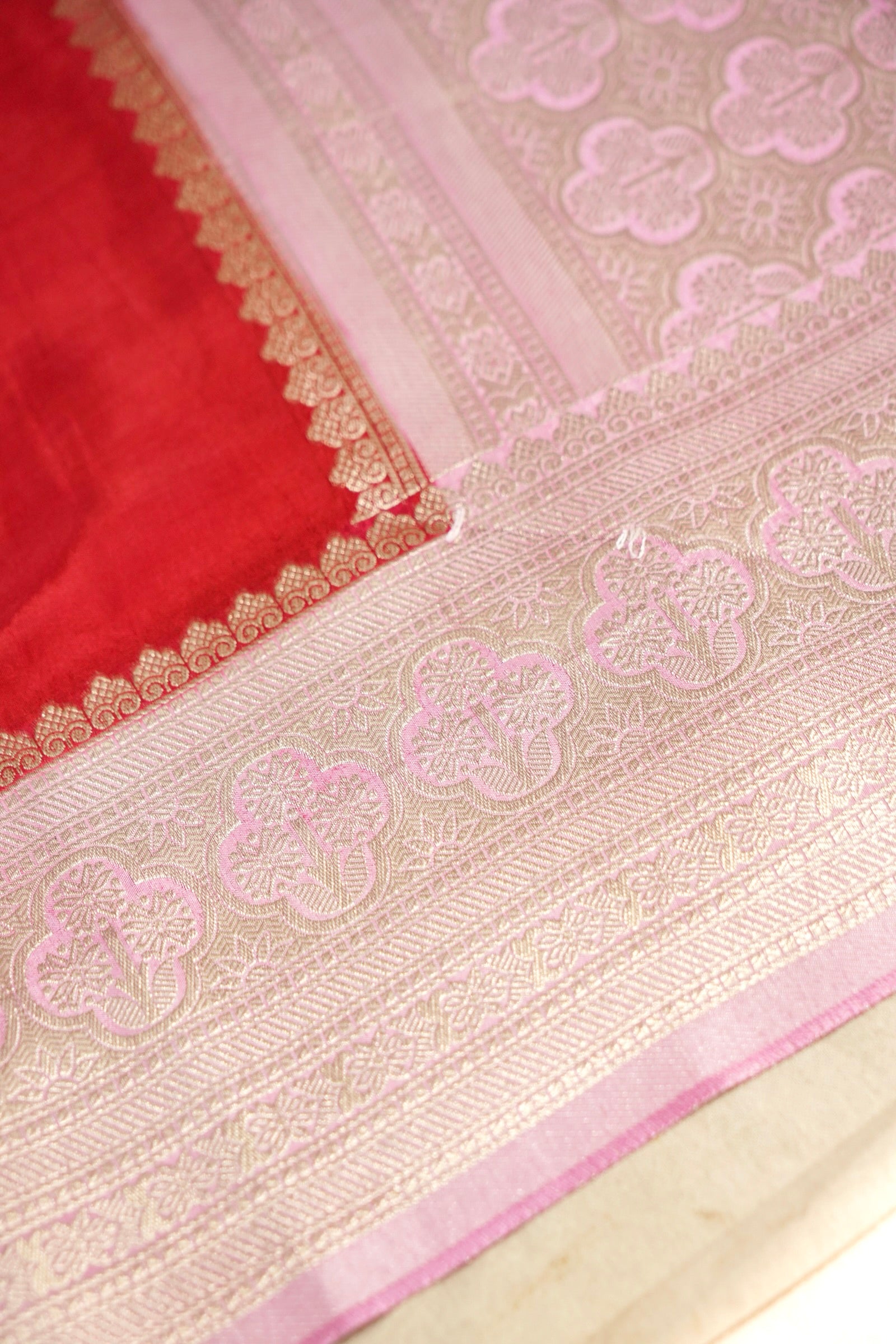 Cherry Red Muslin Silk Saree with Blush Pink Border
