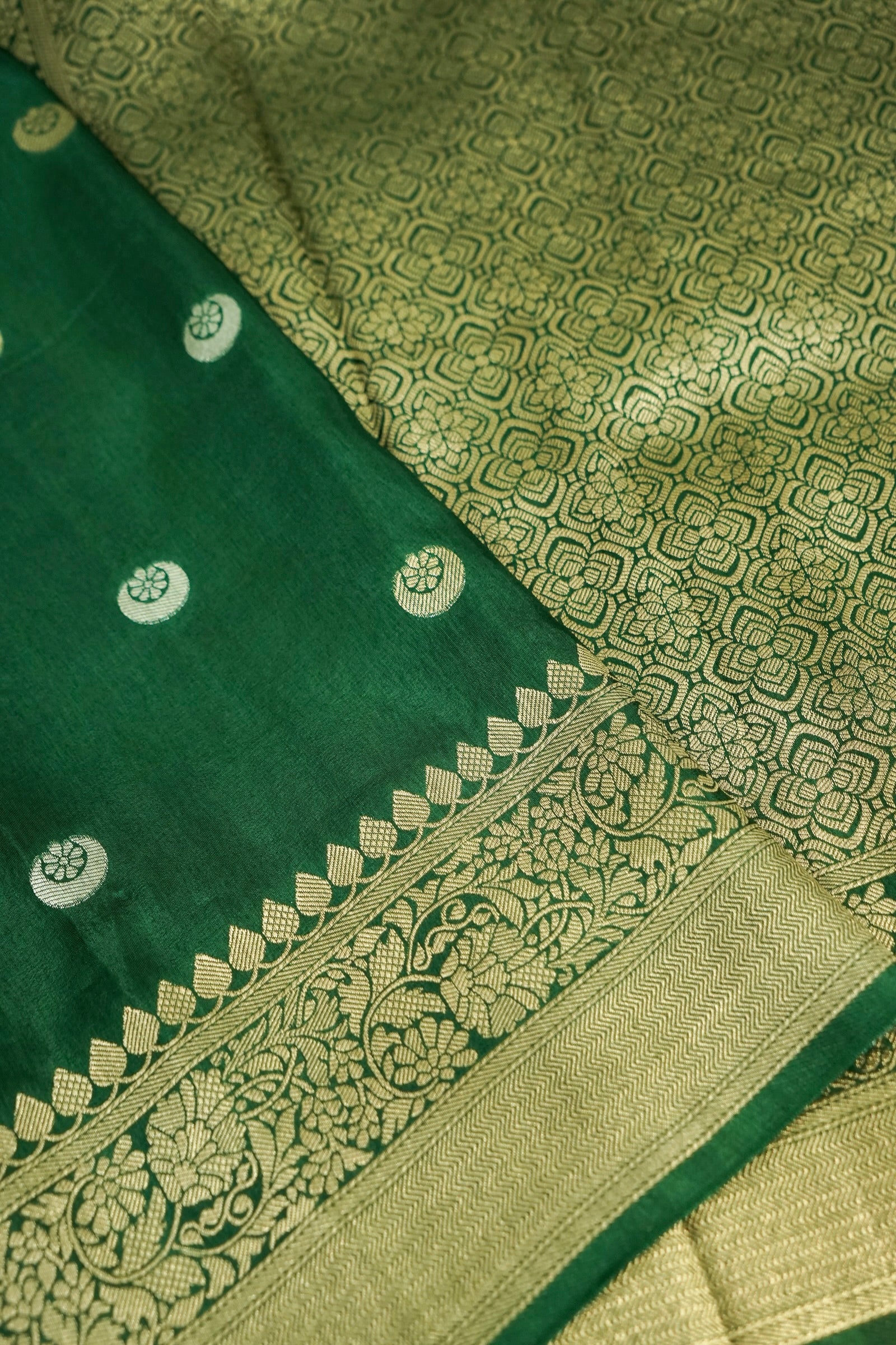 Forest Green Dupion Silk Saree with Gold Zari Border
