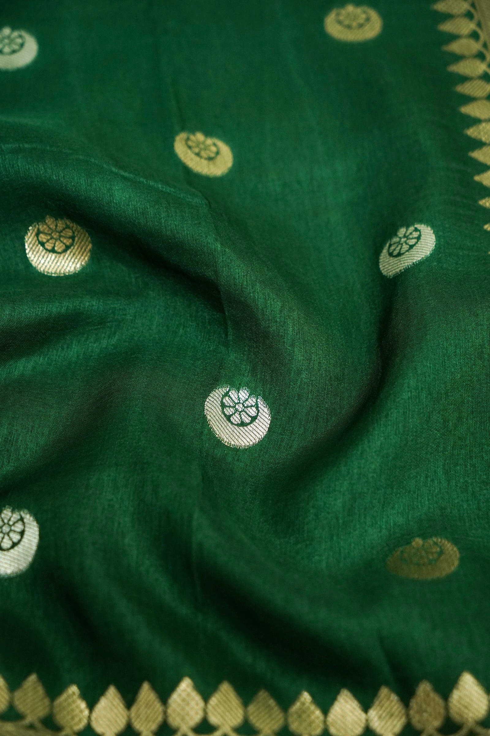 Forest Green Dupion Silk Saree with Gold Zari Border