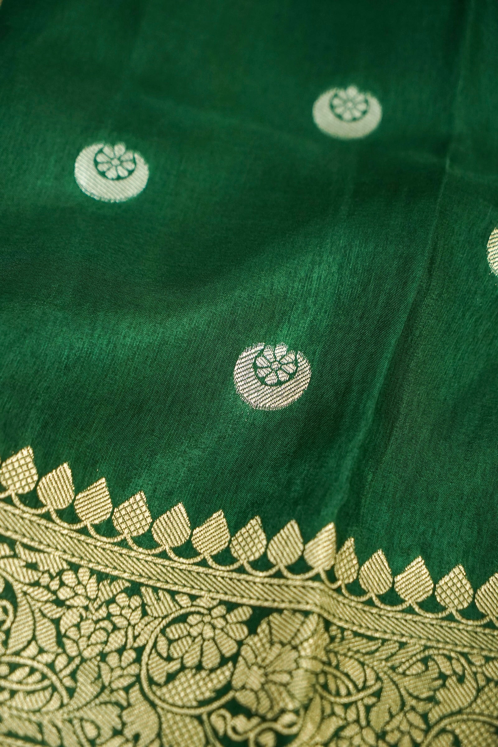Forest Green Dupion Silk Saree with Gold Zari Border