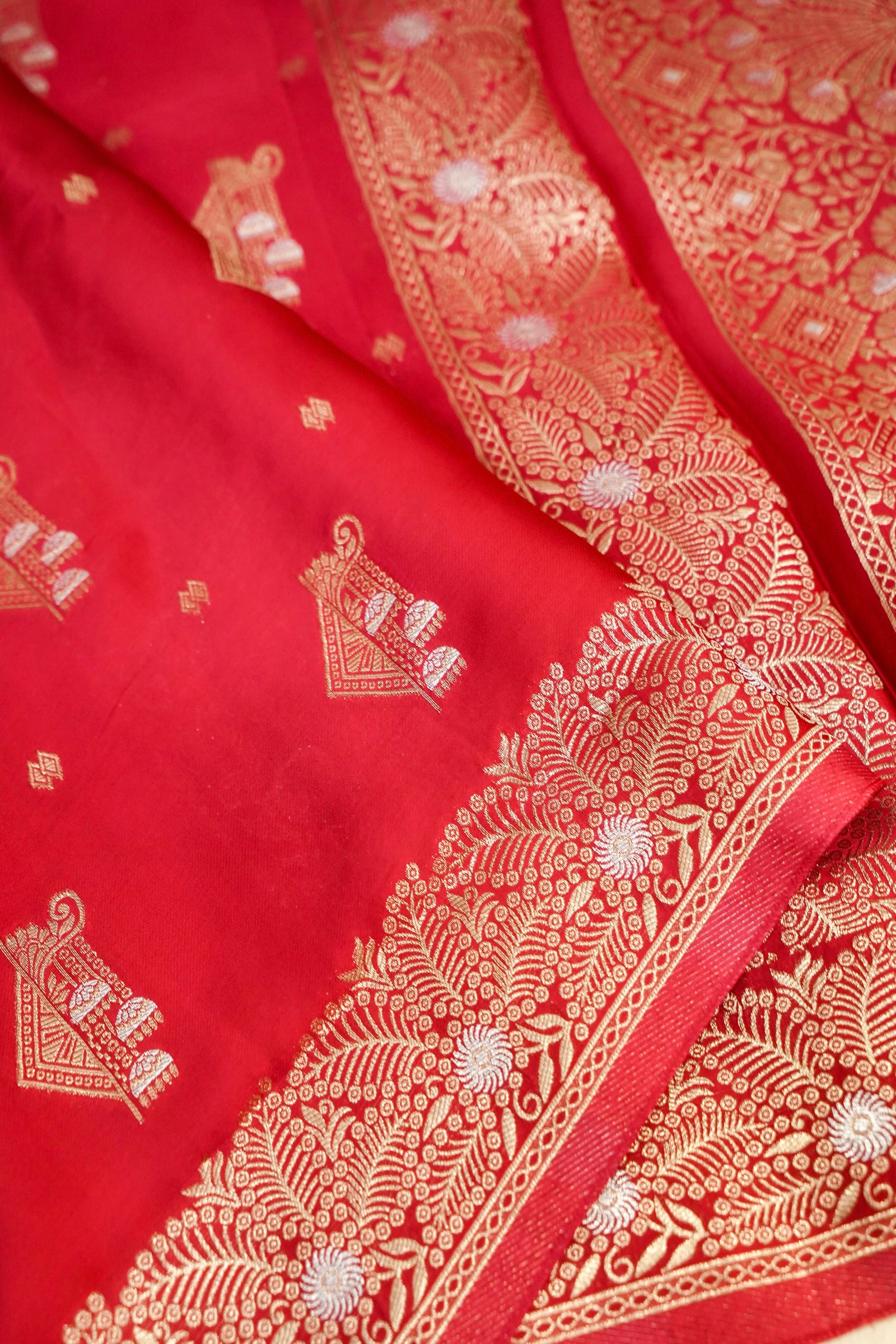 Bright Crimson Red Mashru Silk Saree with Gold Zari Floral Border