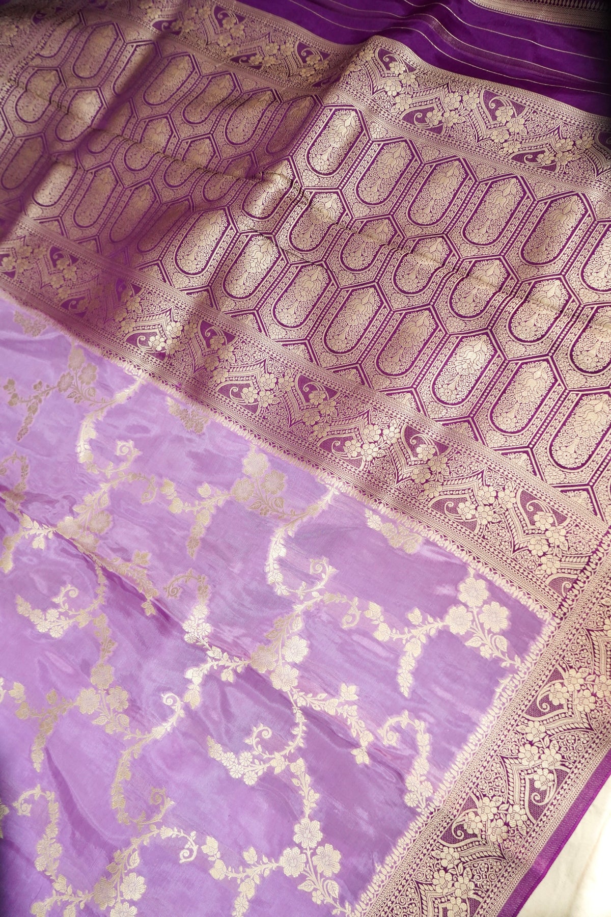 Soft Lilac Lavender Muslin Silk Saree with Purple Zari Border