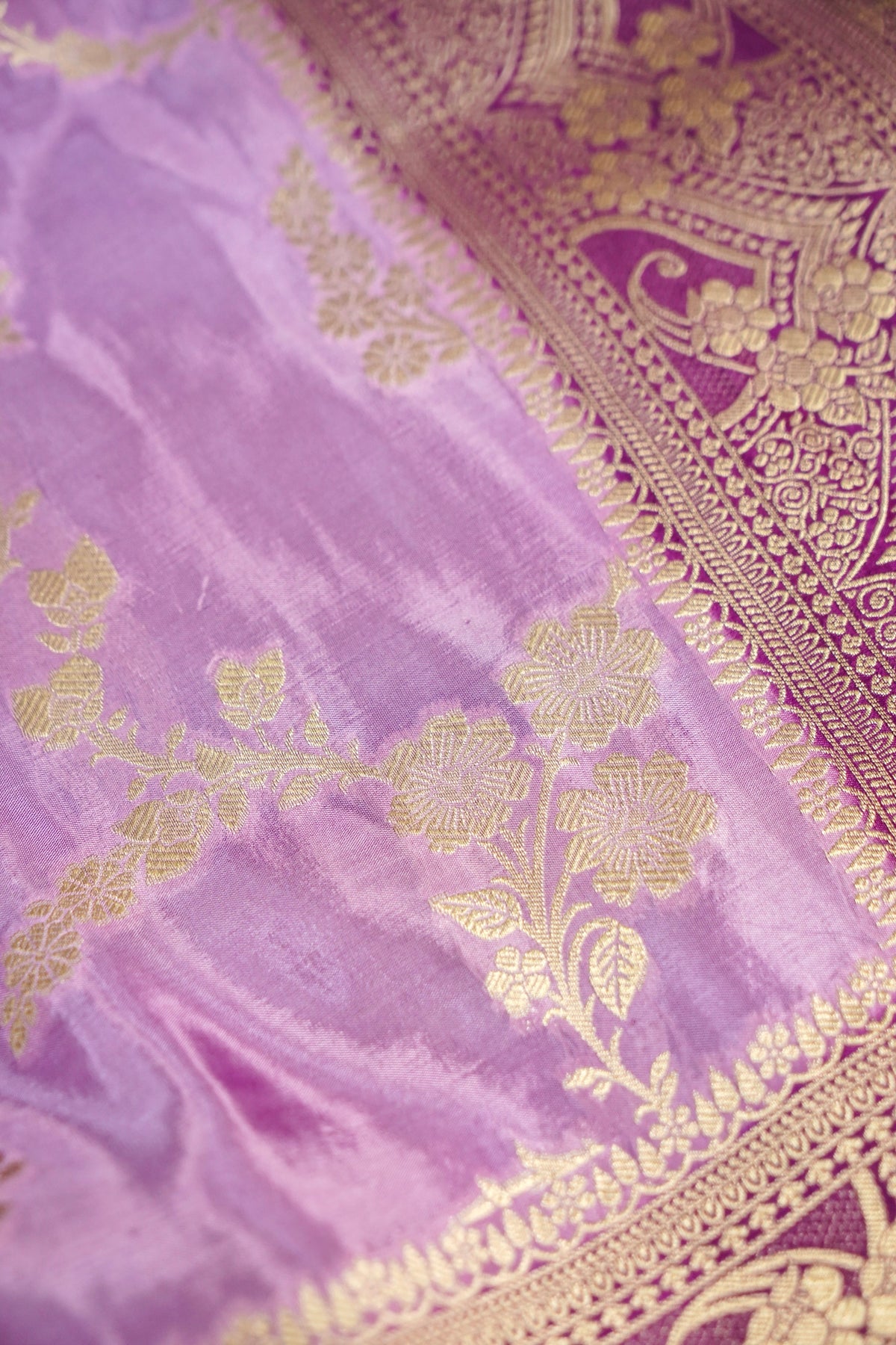 Soft Lilac Lavender Muslin Silk Saree with Purple Zari Border