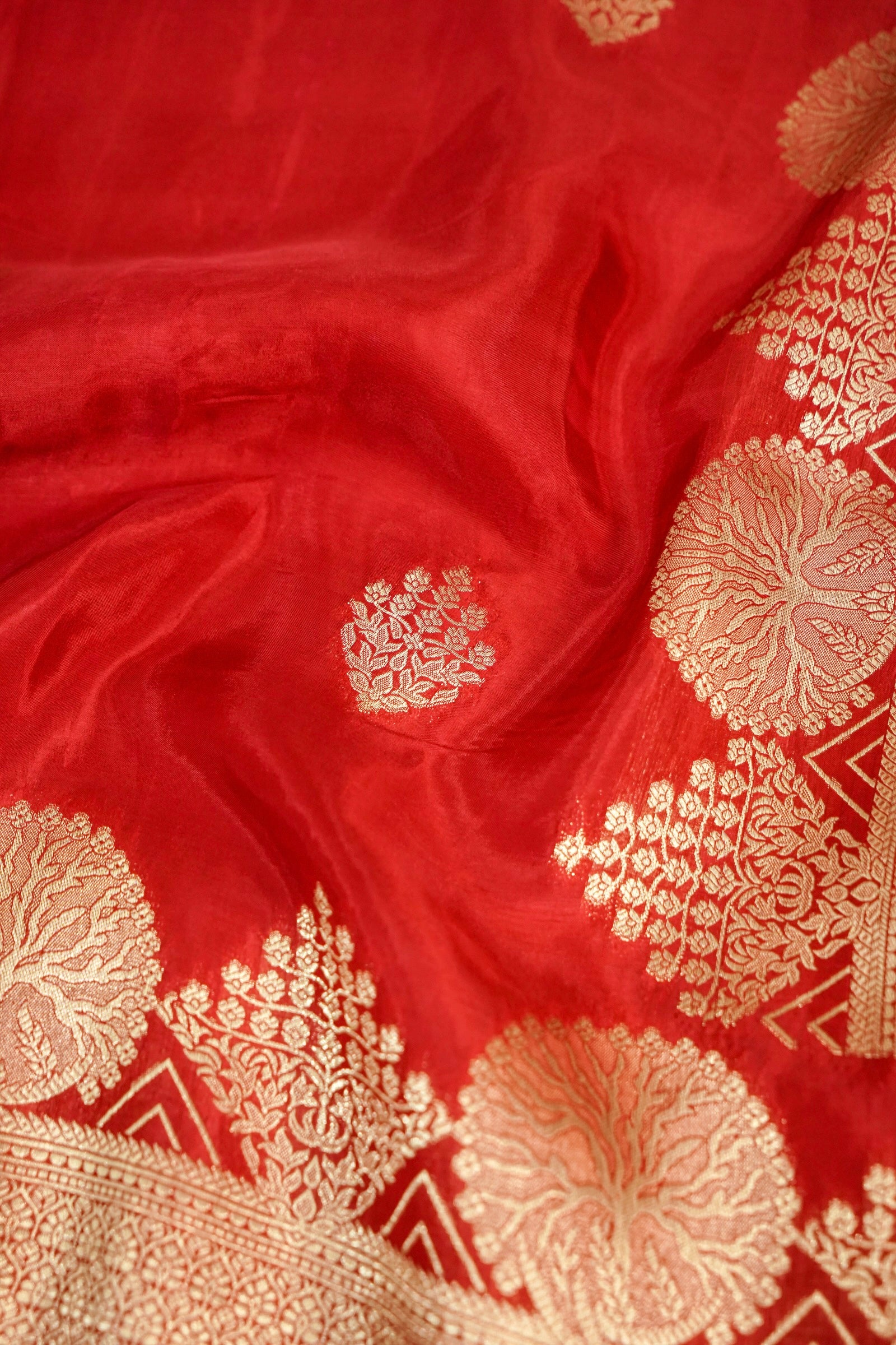 Classic Vermilion Red Muslin Silk Saree with Gold Zari Border