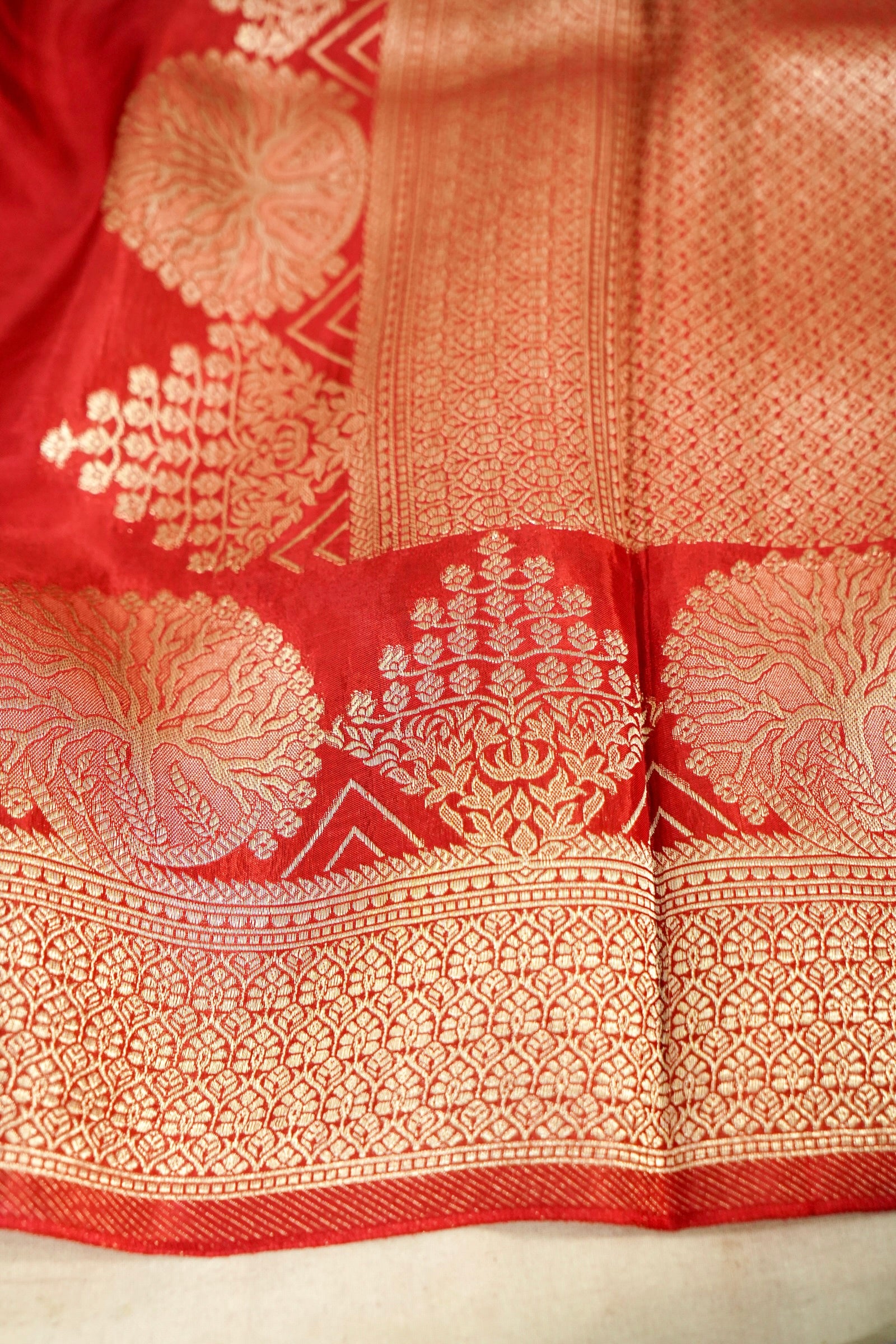 Classic Vermilion Red Muslin Silk Saree with Gold Zari Border