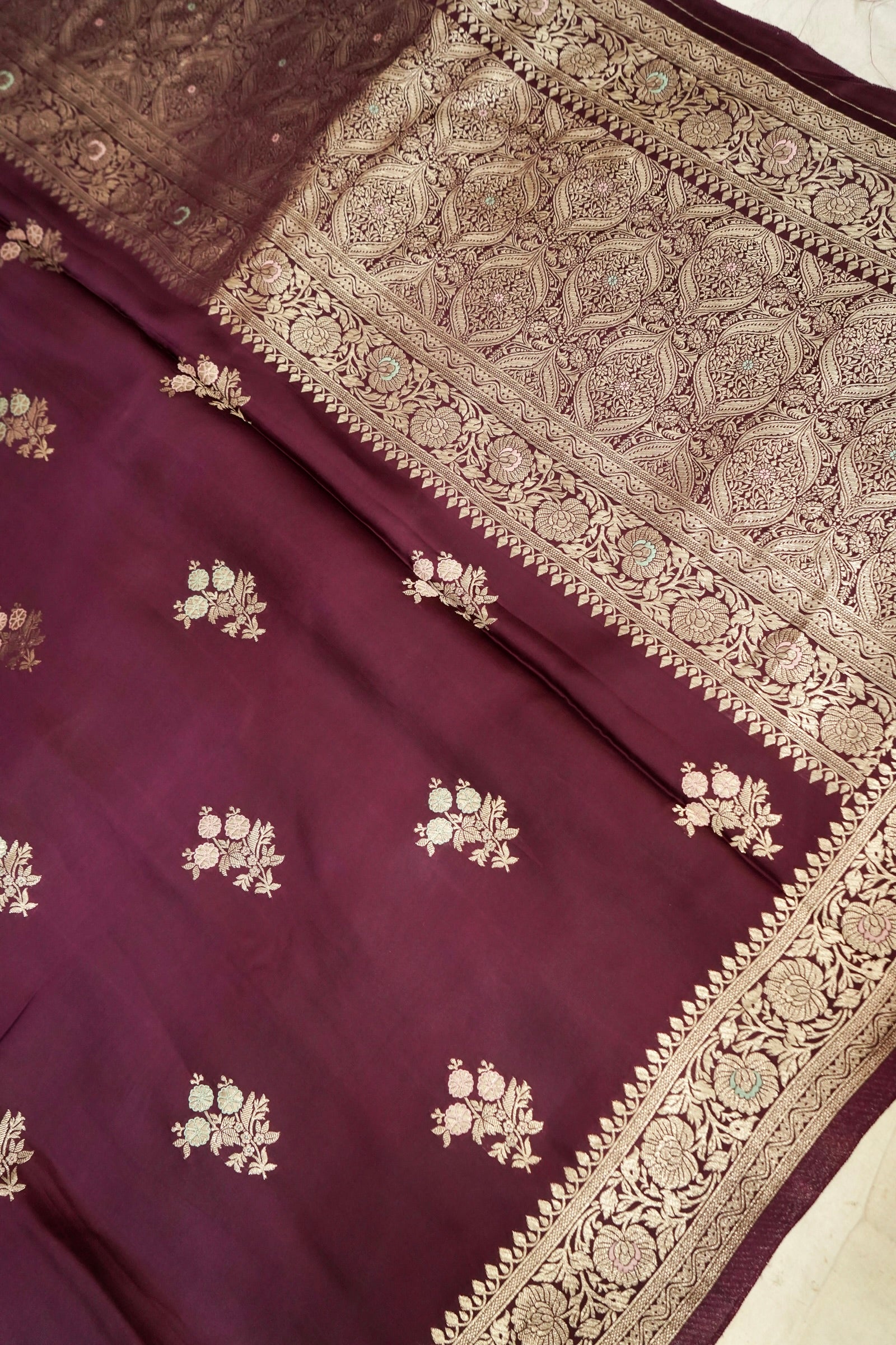 Deep Burgundy Wine Mashru Silk Saree with Gold Zari Floral Border
