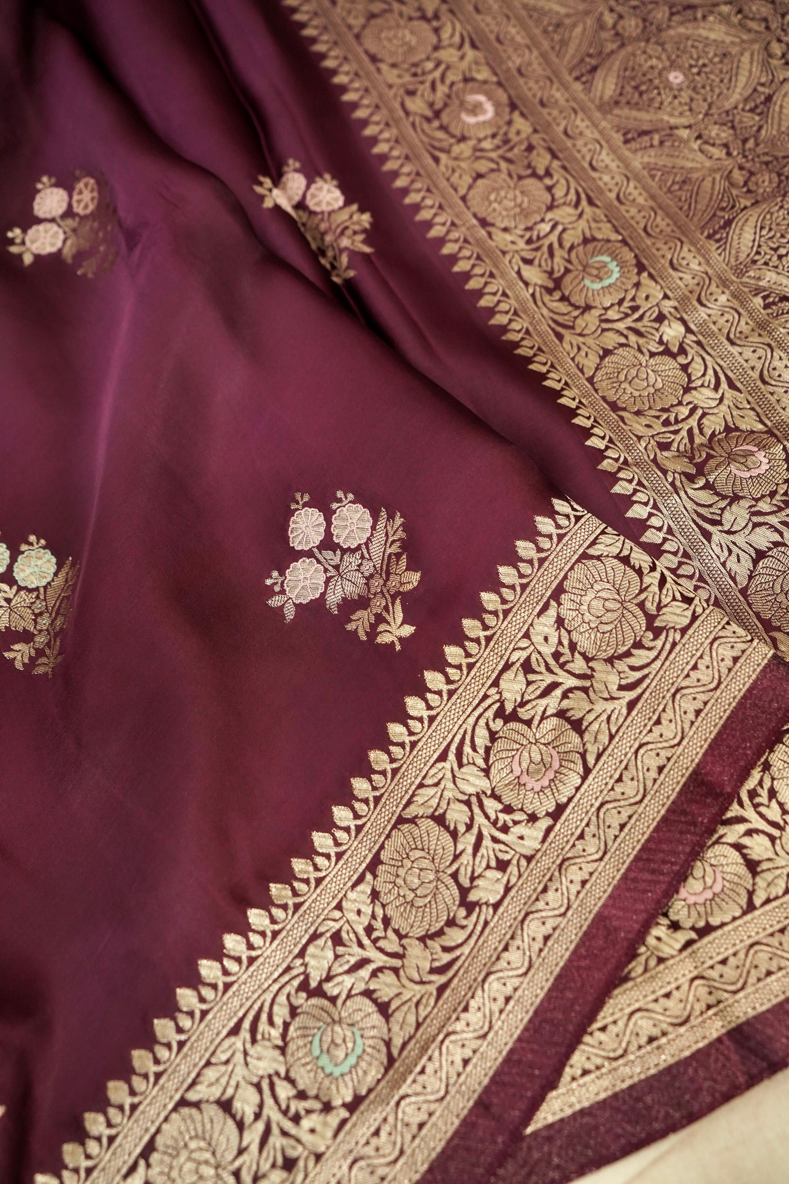 Deep Burgundy Wine Mashru Silk Saree with Gold Zari Floral Border