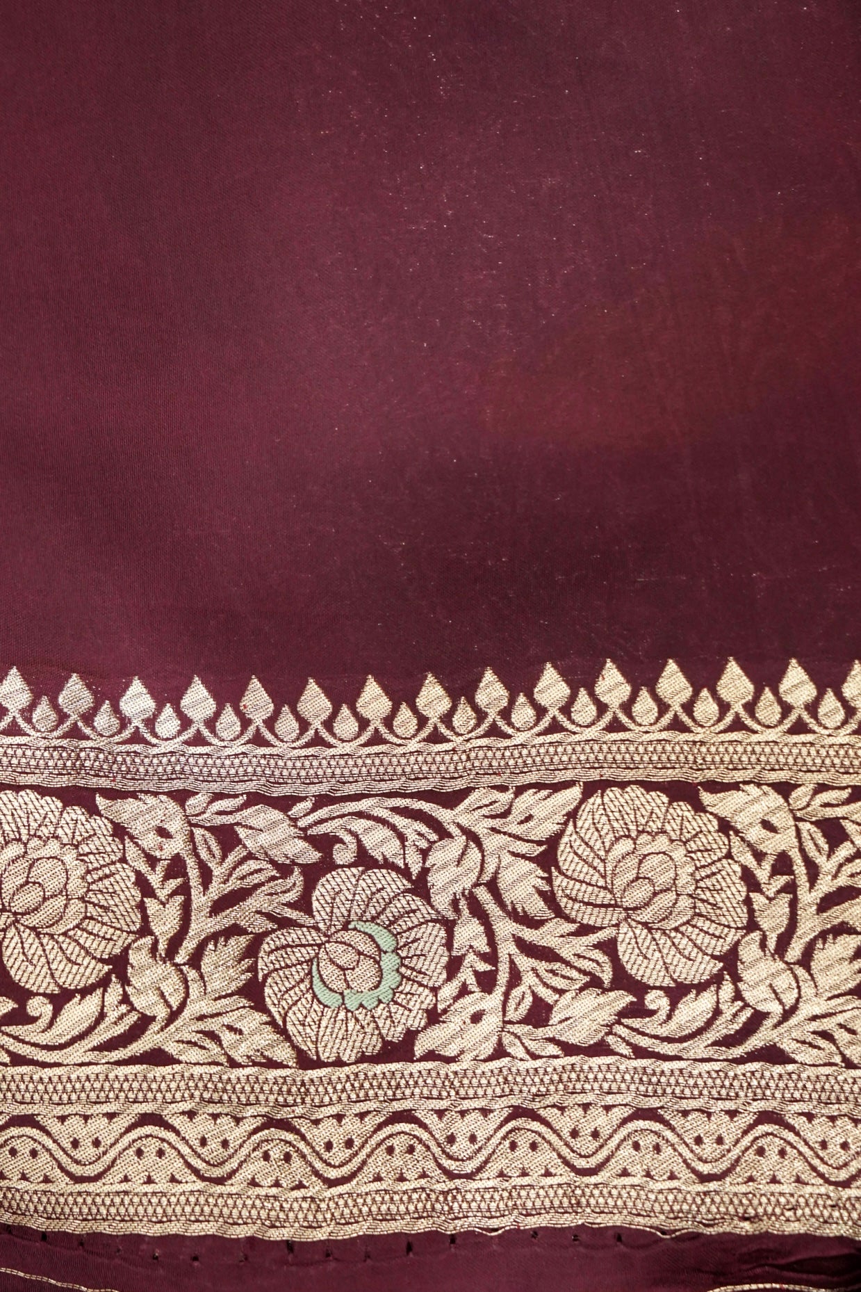 Deep Burgundy Wine Mashru Silk Saree with Gold Zari Floral Border