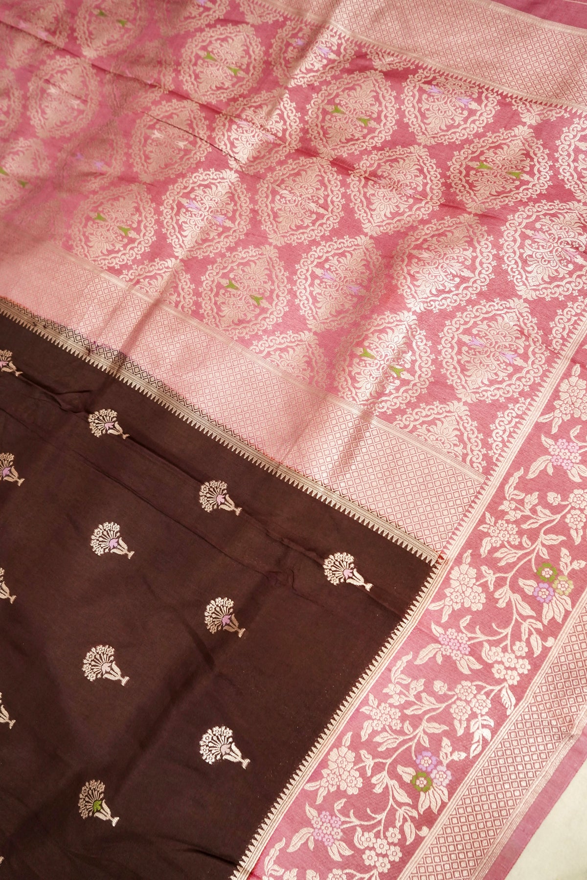 Dark Chocolate Brown Dupion Silk Saree with Blush Pink Floral Zari Border