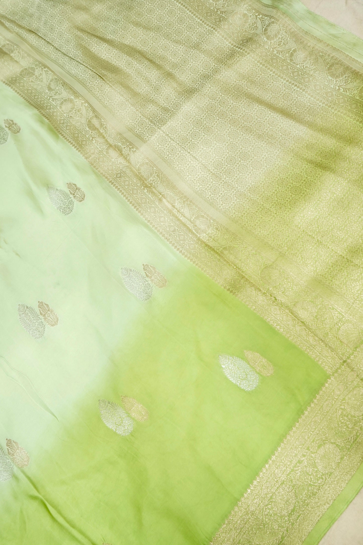 Pastel Pistachio Green Mashru Silk Saree with Gold Zari Border
