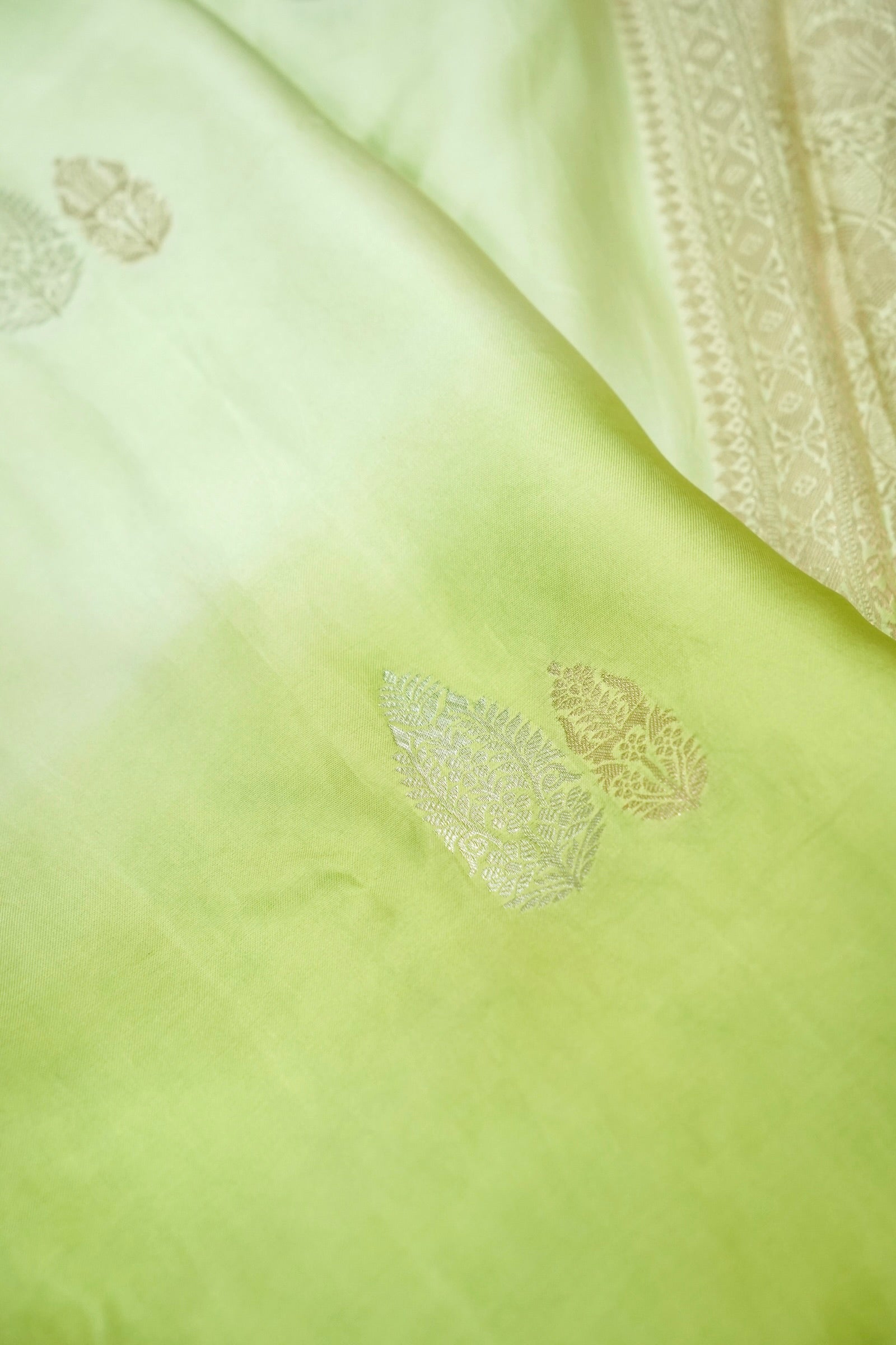 Pastel Pistachio Green Mashru Silk Saree with Gold Zari Border