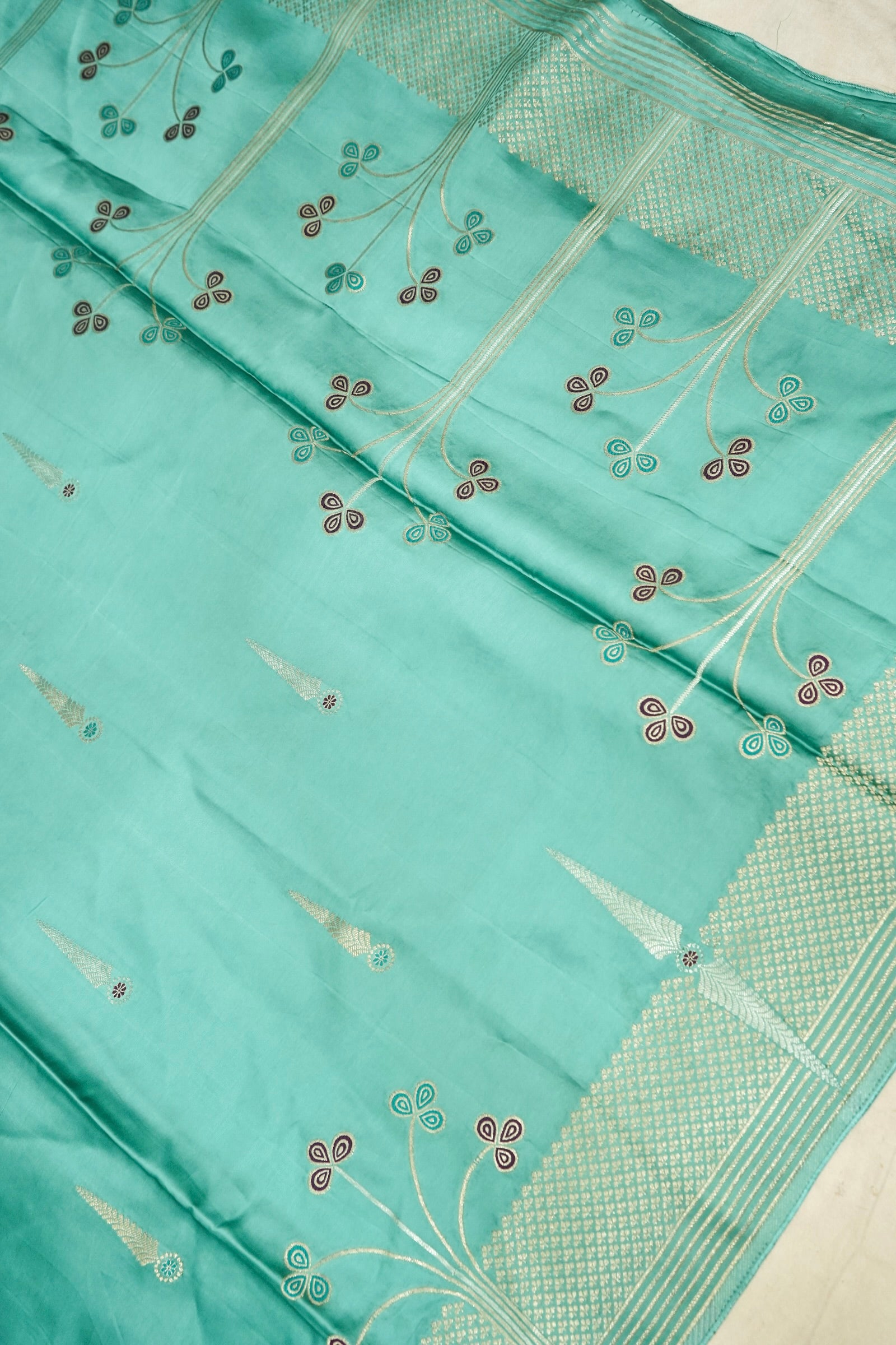 Aqua Mint Blue Mashru Silk Saree with Gold Zari Border