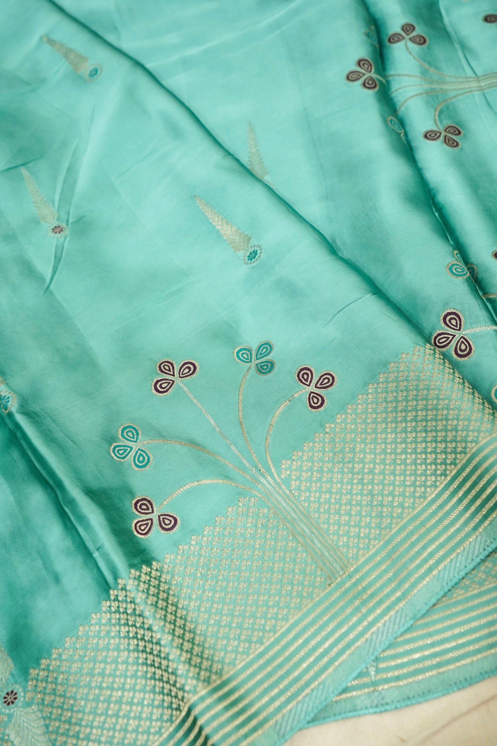 Aqua Mint Blue Mashru Silk Saree with Gold Zari Border