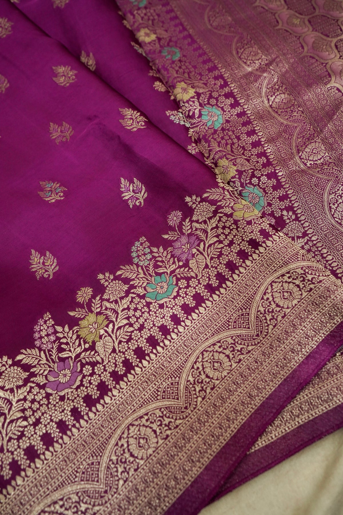Berry Purple Mashru Silk Saree with Champagne Floral Zari Border