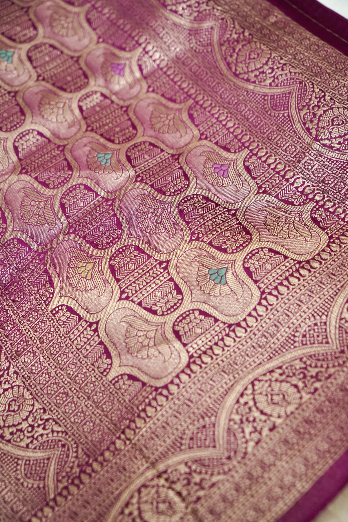 Berry Purple Mashru Silk Saree with Champagne Floral Zari Border