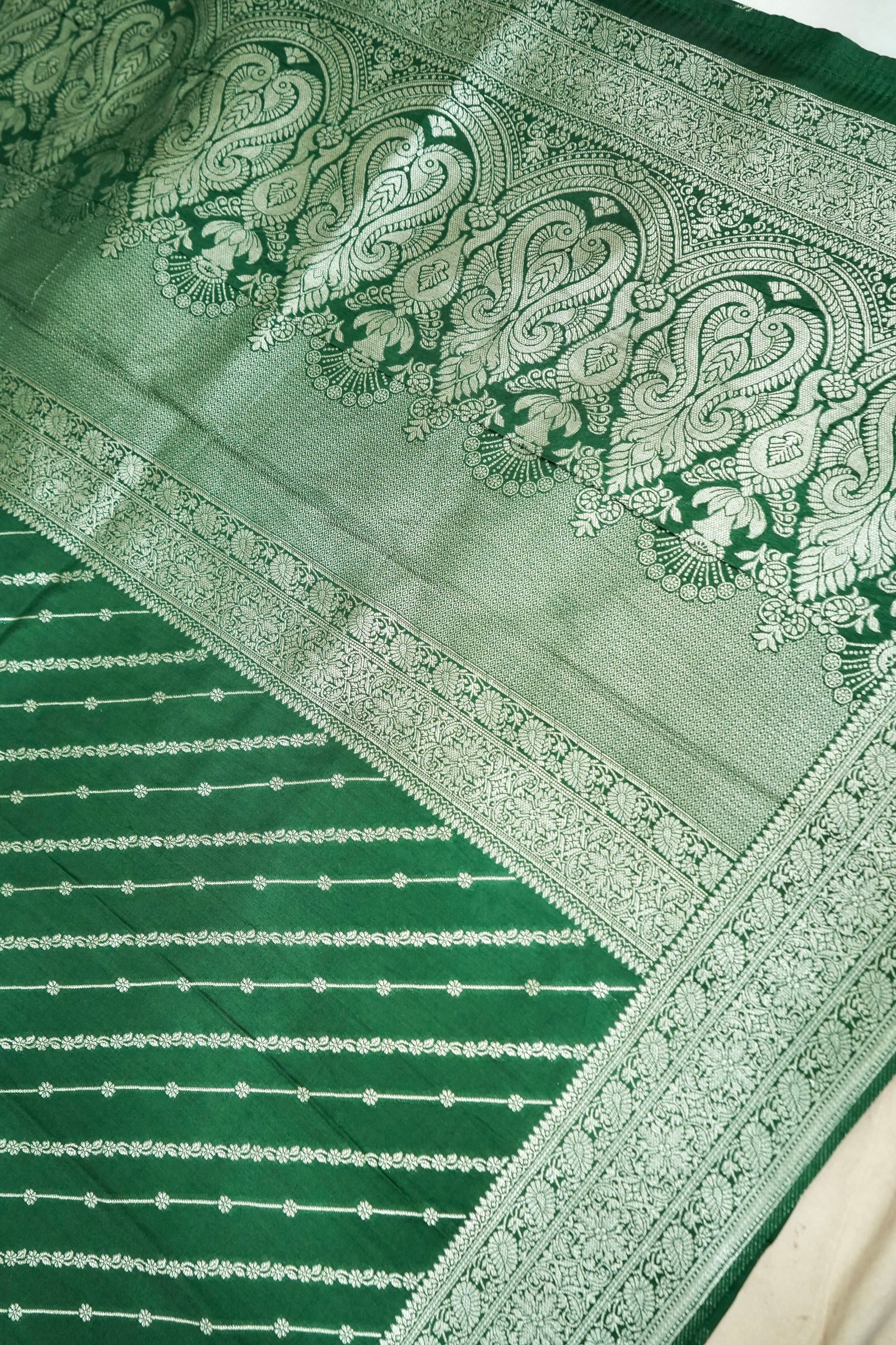Emerald Green Dupion Silk Saree with Intricate Silver Zari Border