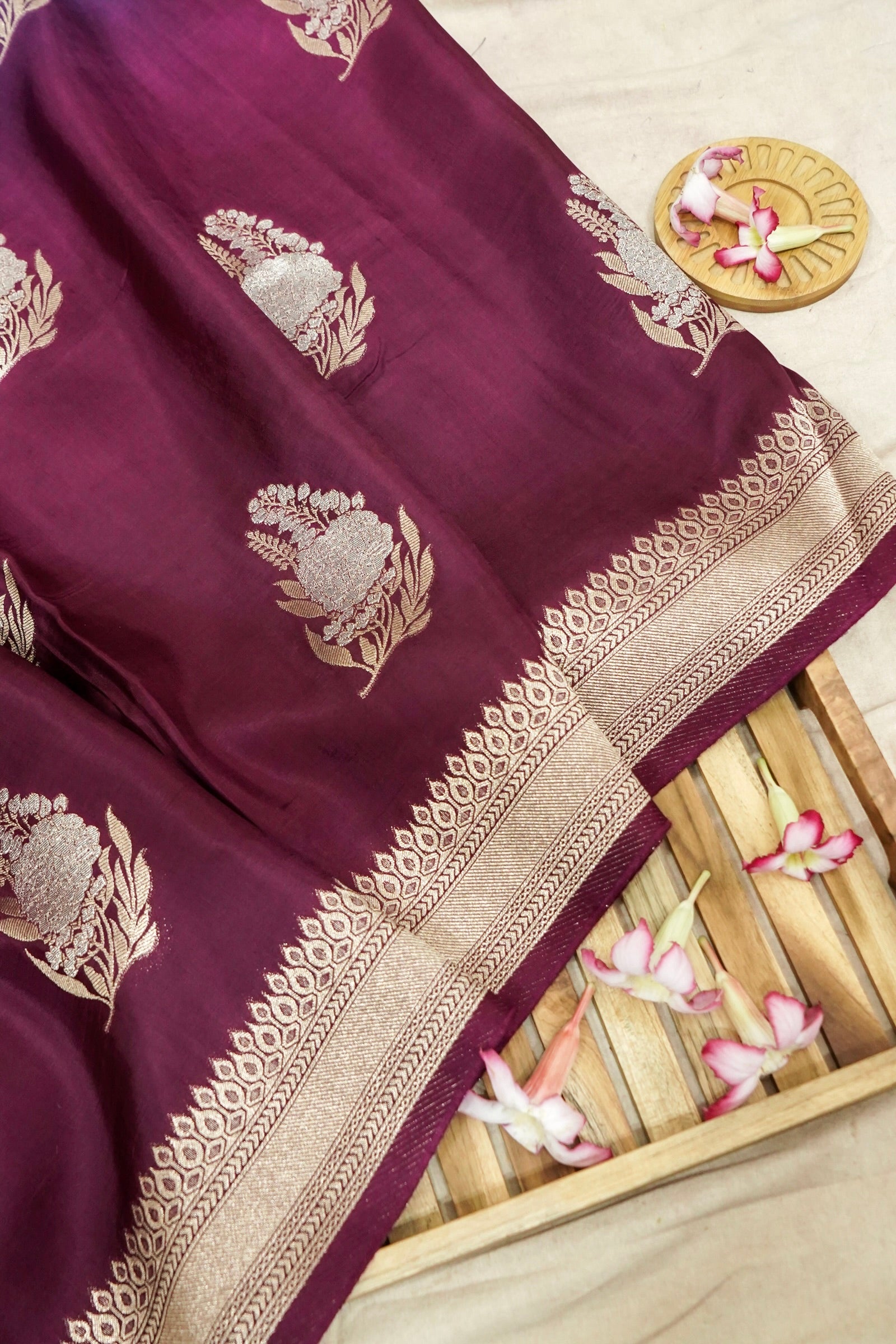 Dual Tone Cobalt Blue and Wine Pure Mashru Silk Saree