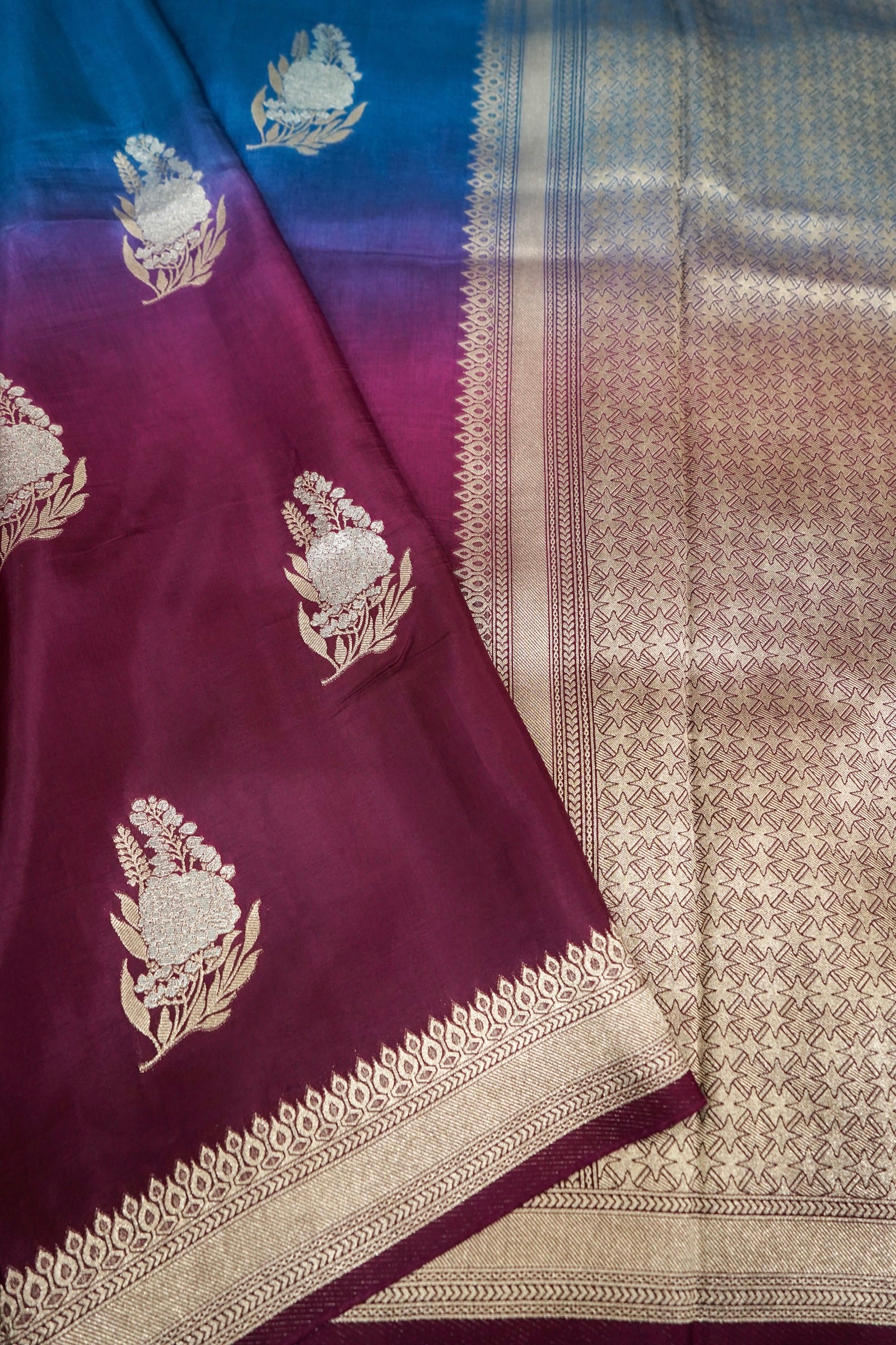 Dual Tone Cobalt Blue and Wine Pure Mashru Silk Saree