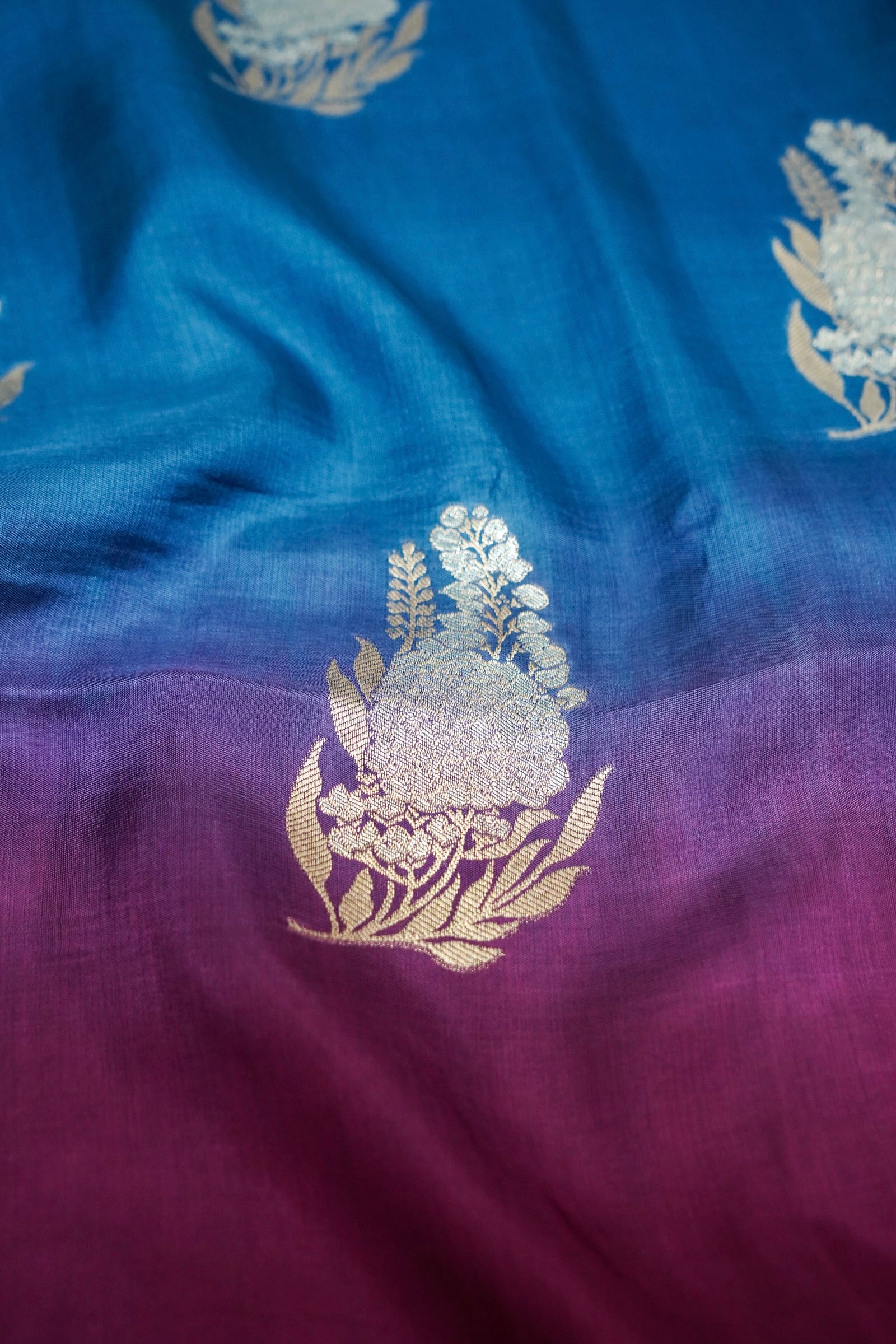 Dual Tone Cobalt Blue and Wine Pure Mashru Silk Saree