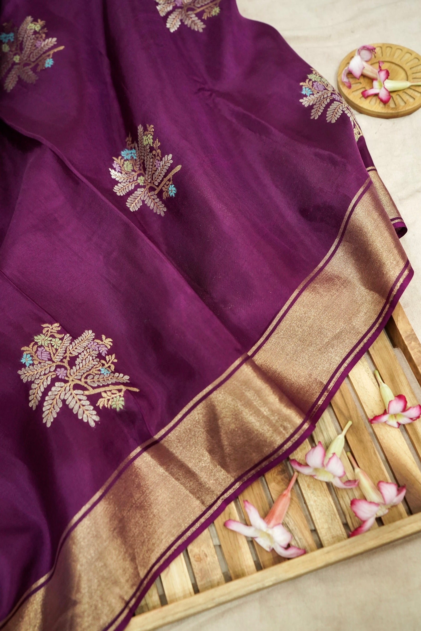Royal Plum Purple Dola Silk Banarasi Saree with Champagne Gold Zari
