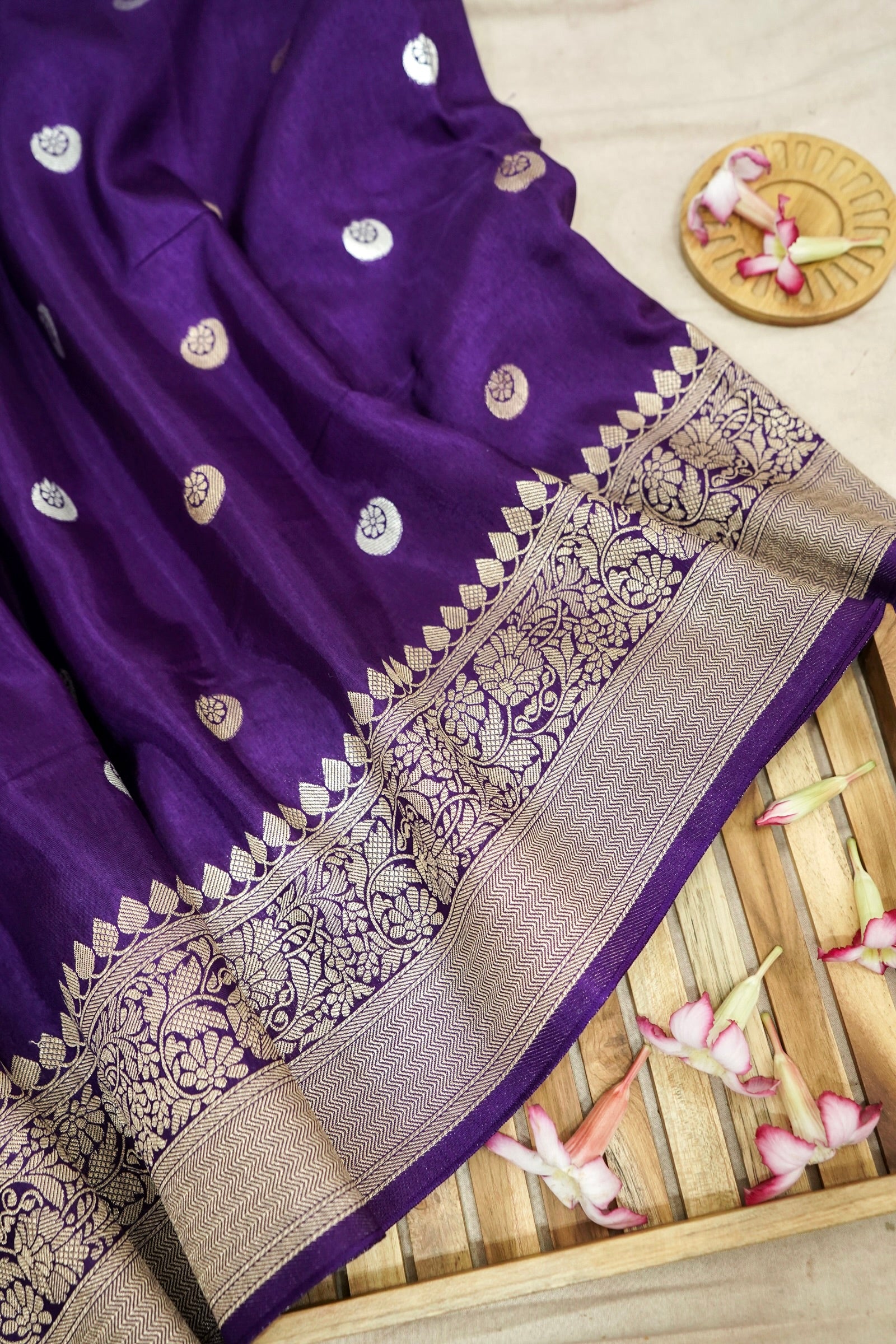 Royal Violet Purple Dupion Silk Banarasi Saree with Champagne Gold Zari