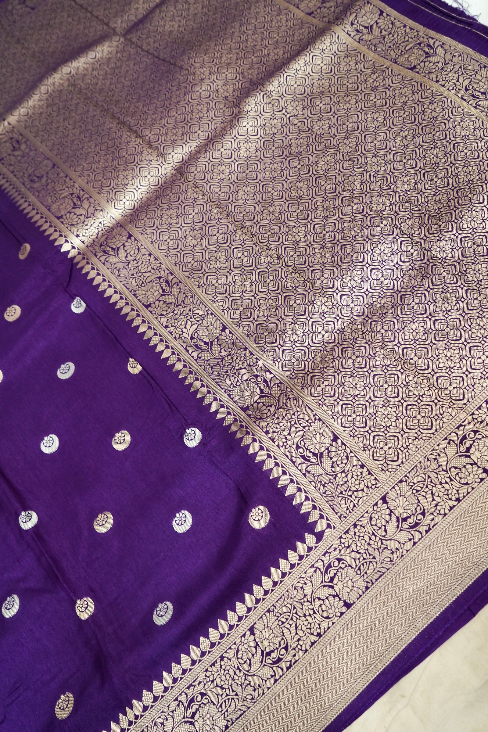 Royal Violet Purple Dupion Silk Banarasi Saree with Champagne Gold Zari