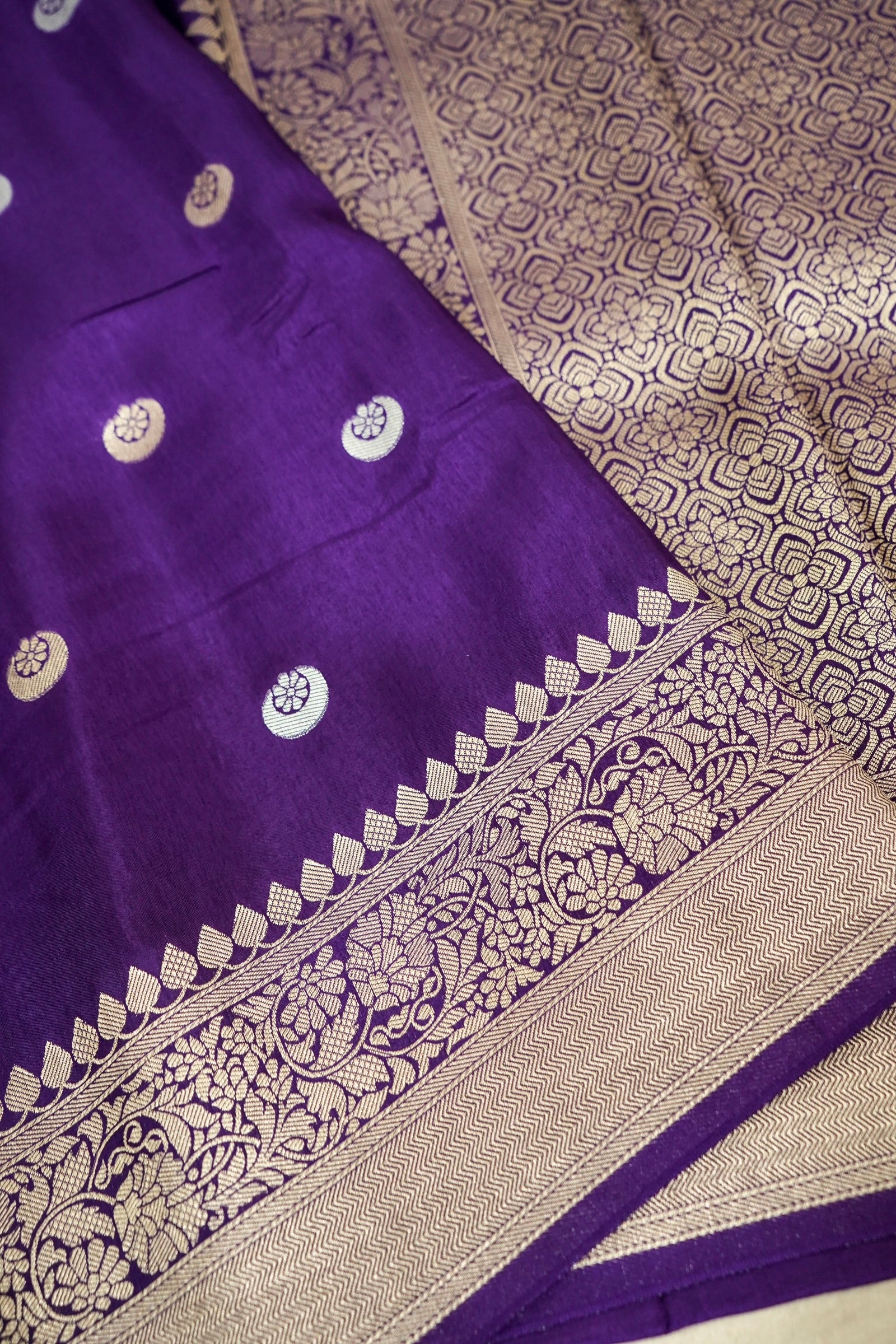 Royal Violet Purple Dupion Silk Banarasi Saree with Champagne Gold Zari