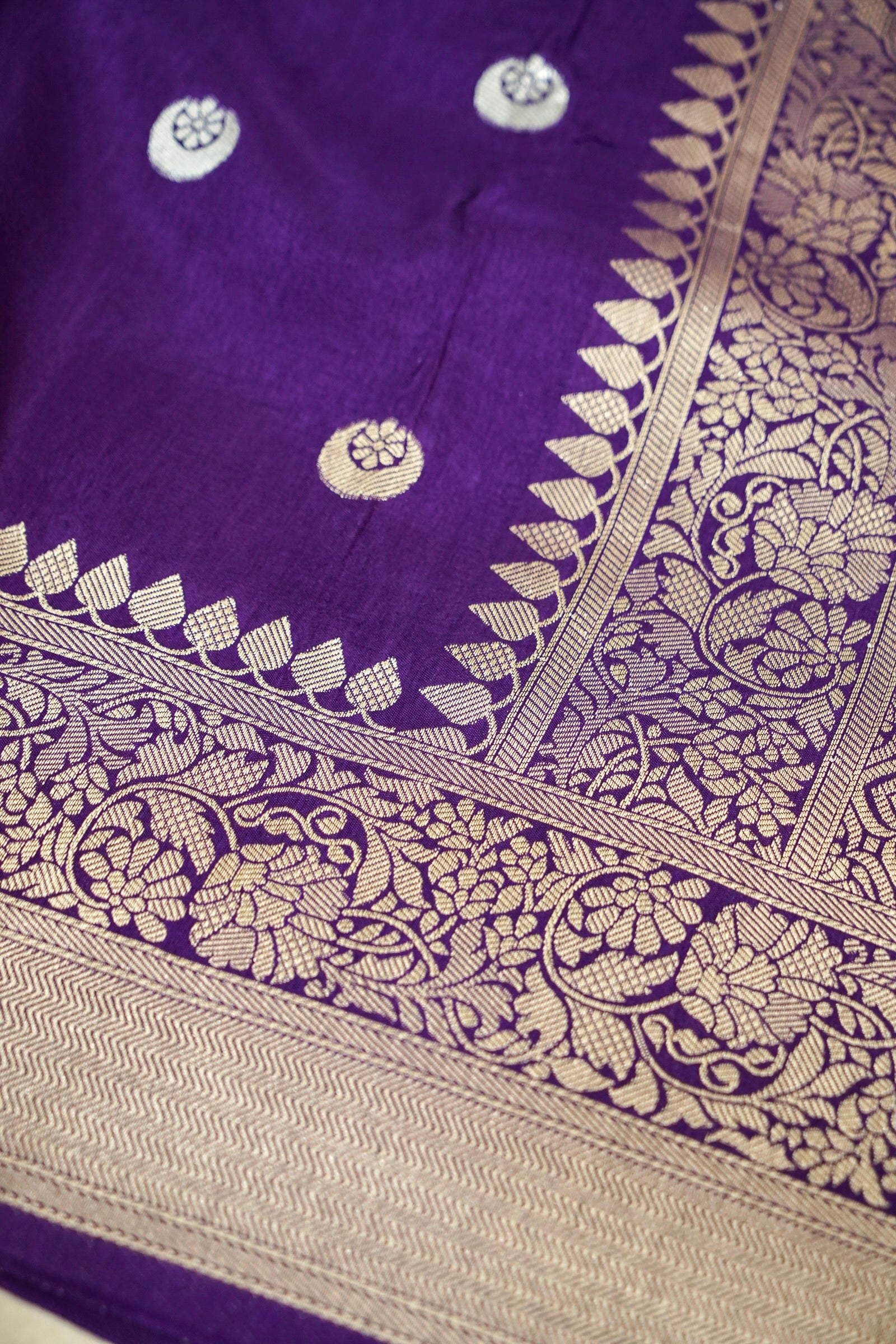 Royal Violet Purple Dupion Silk Banarasi Saree with Champagne Gold Zari
