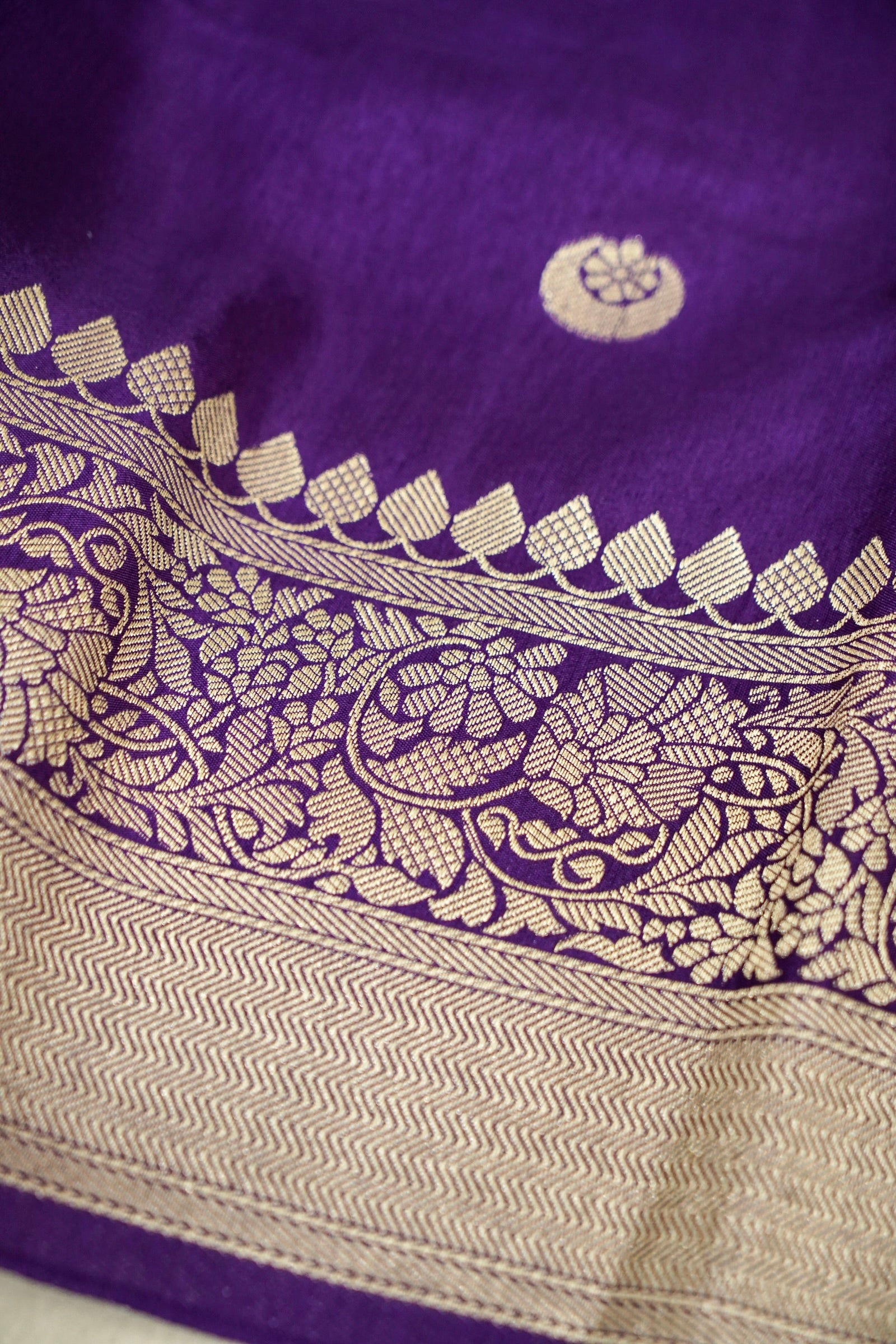 Royal Violet Purple Dupion Silk Banarasi Saree with Champagne Gold Zari