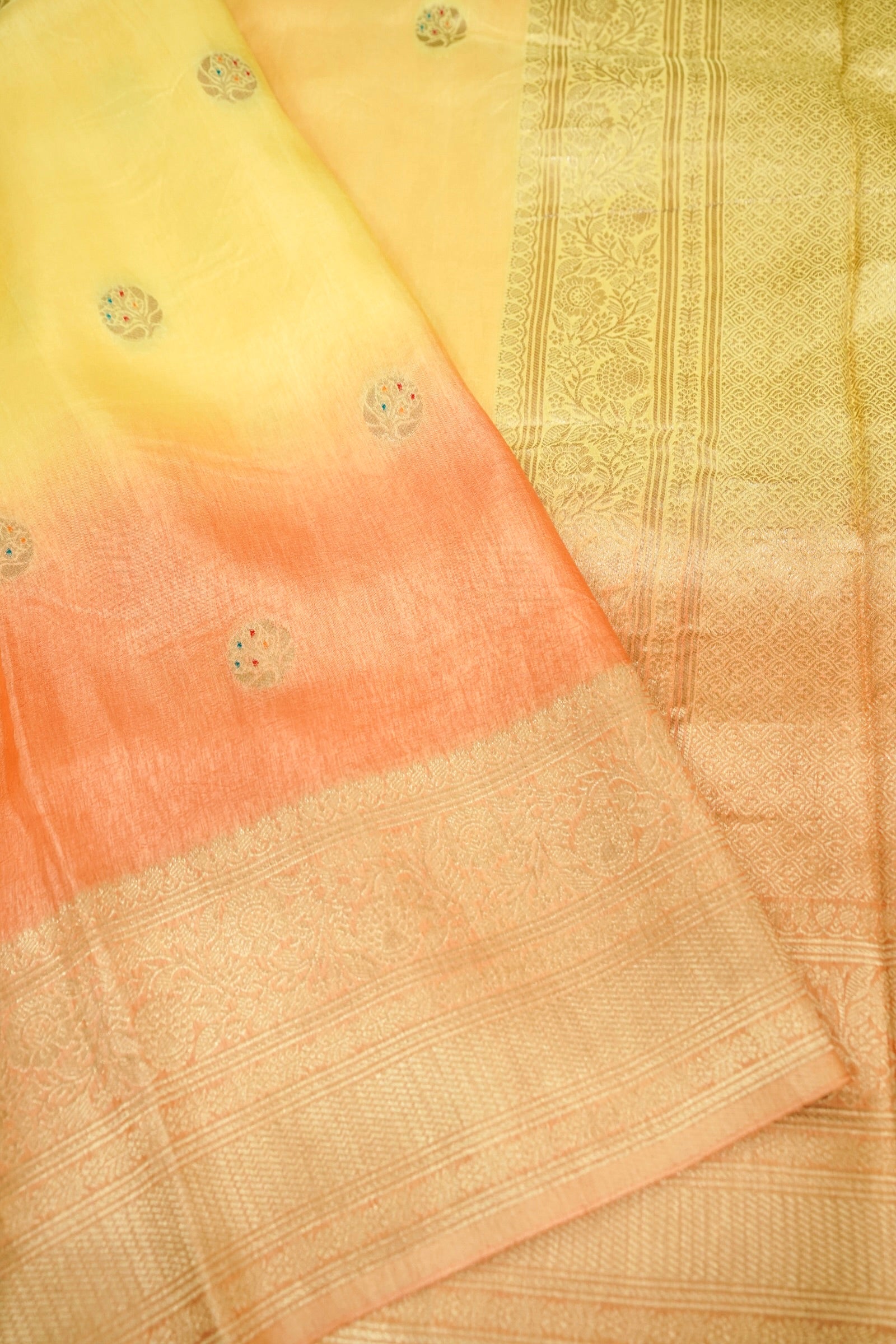 Dual Tone Lemon Yellow Peach Dupion Silk Banarasi Saree