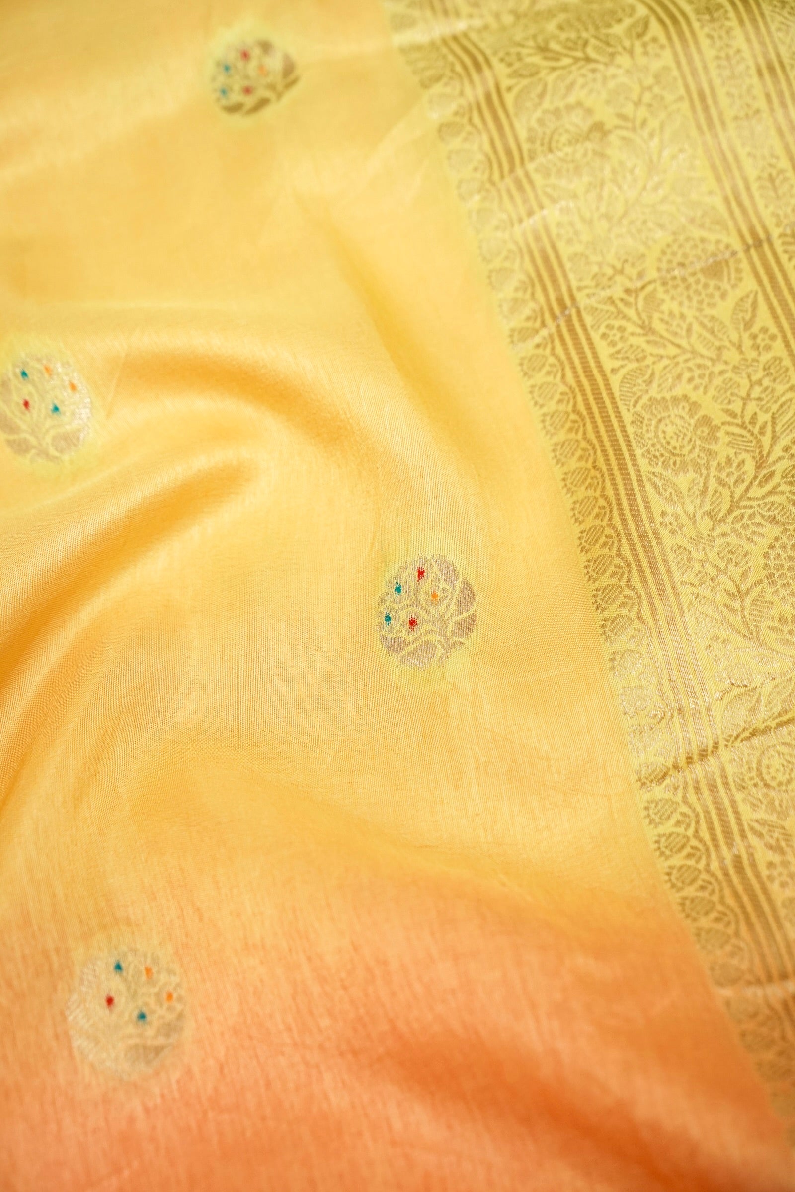 Dual Tone Lemon Yellow Peach Dupion Silk Banarasi Saree