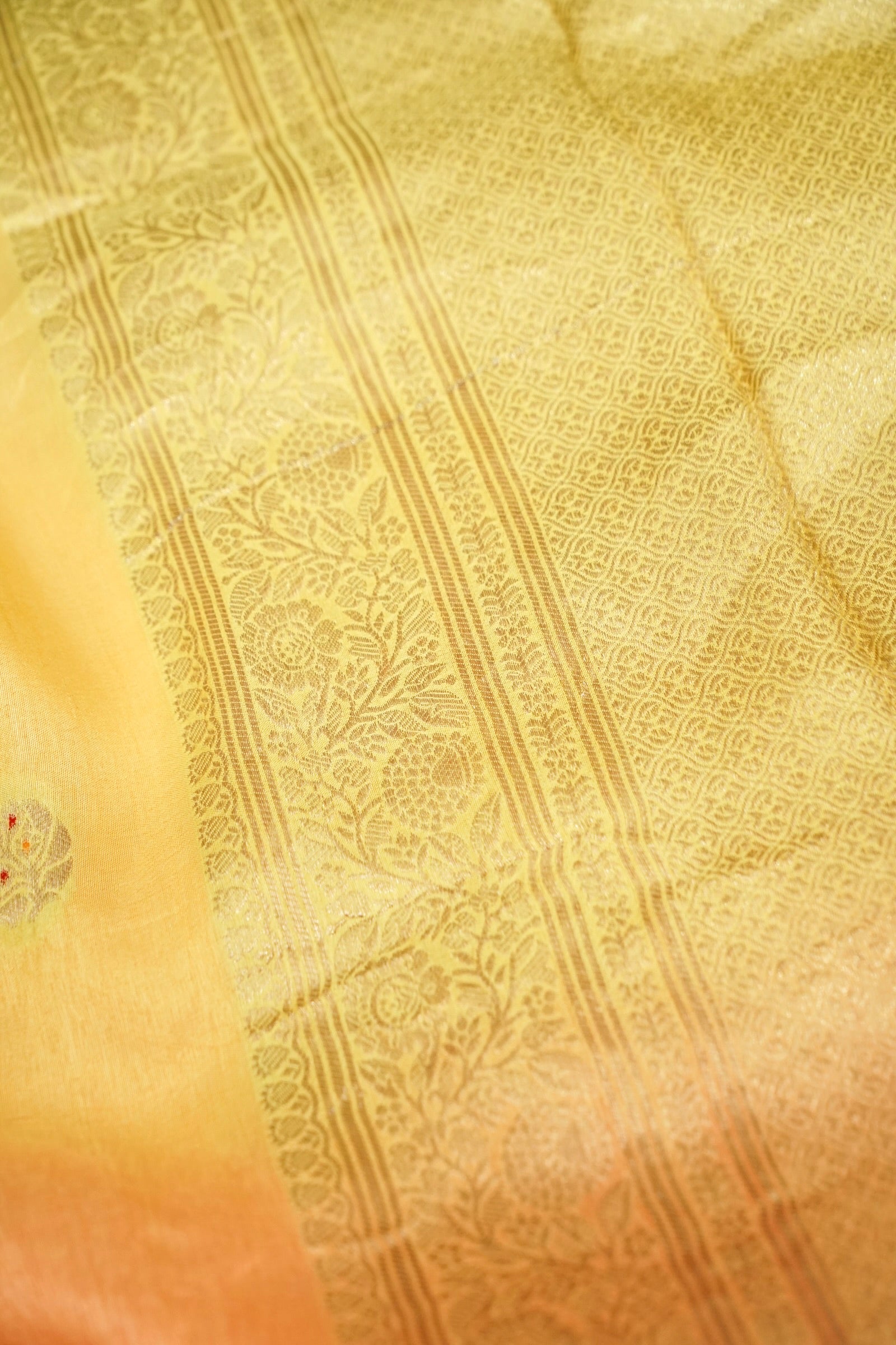 Dual Tone Lemon Yellow Peach Dupion Silk Banarasi Saree