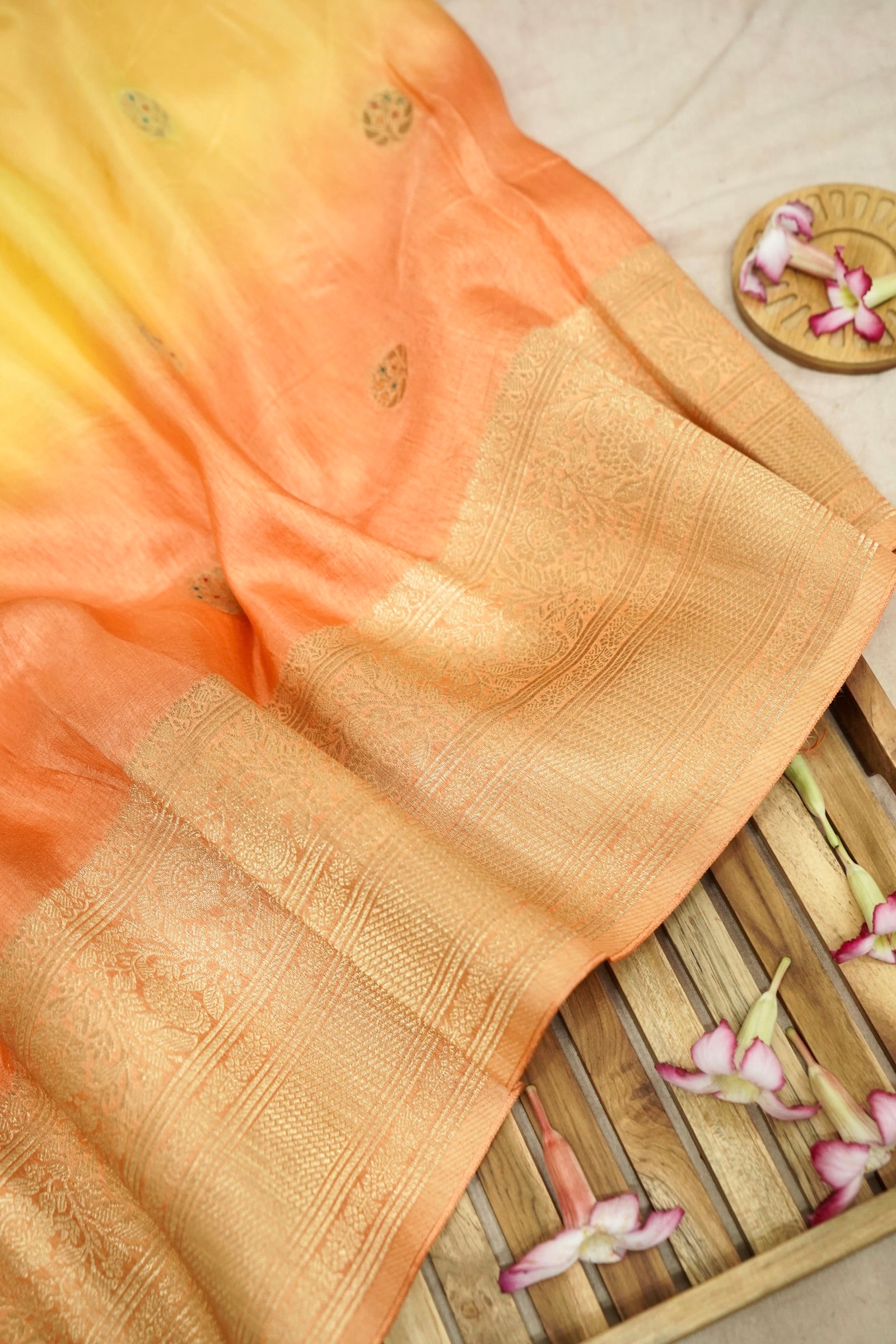 Dual Tone Lemon Yellow Peach Dupion Silk Banarasi Saree