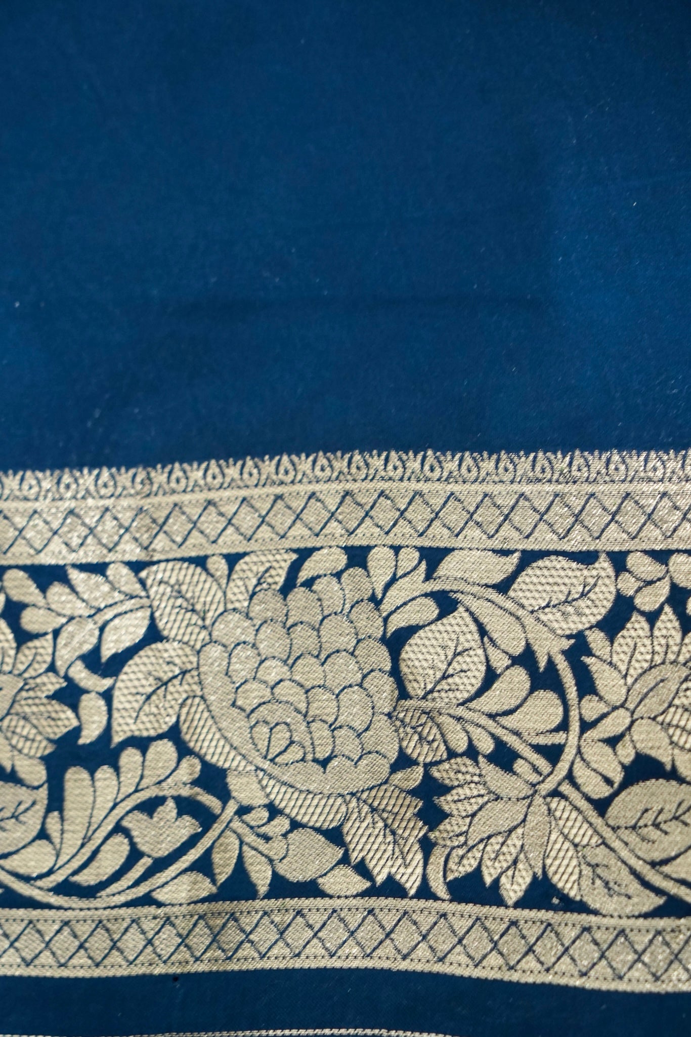 Deep Cobalt Blue Mashru Silk Saree with Champagne Gold Border