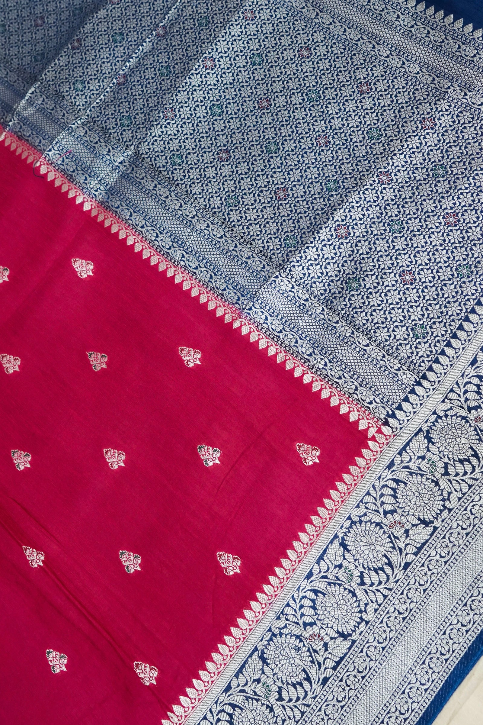 Hot Pink & Royal Navy Blue Dupion Silk Banarasi Saree