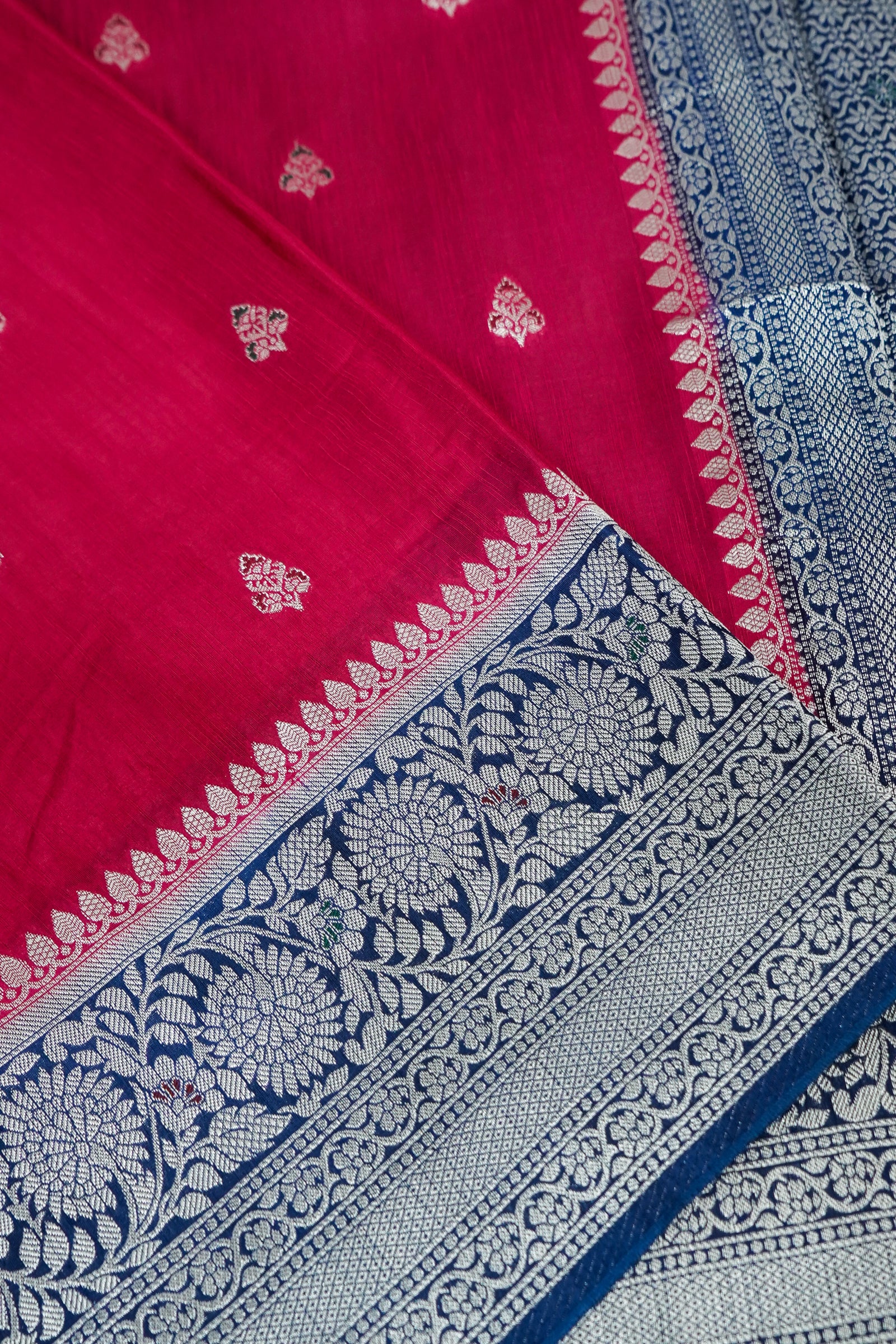 Hot Pink & Royal Navy Blue Dupion Silk Banarasi Saree