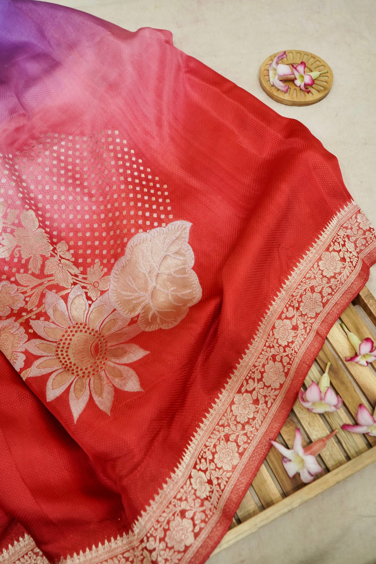 Dual Tone Orchid Purple & Red Pure Crepe Silk Saree