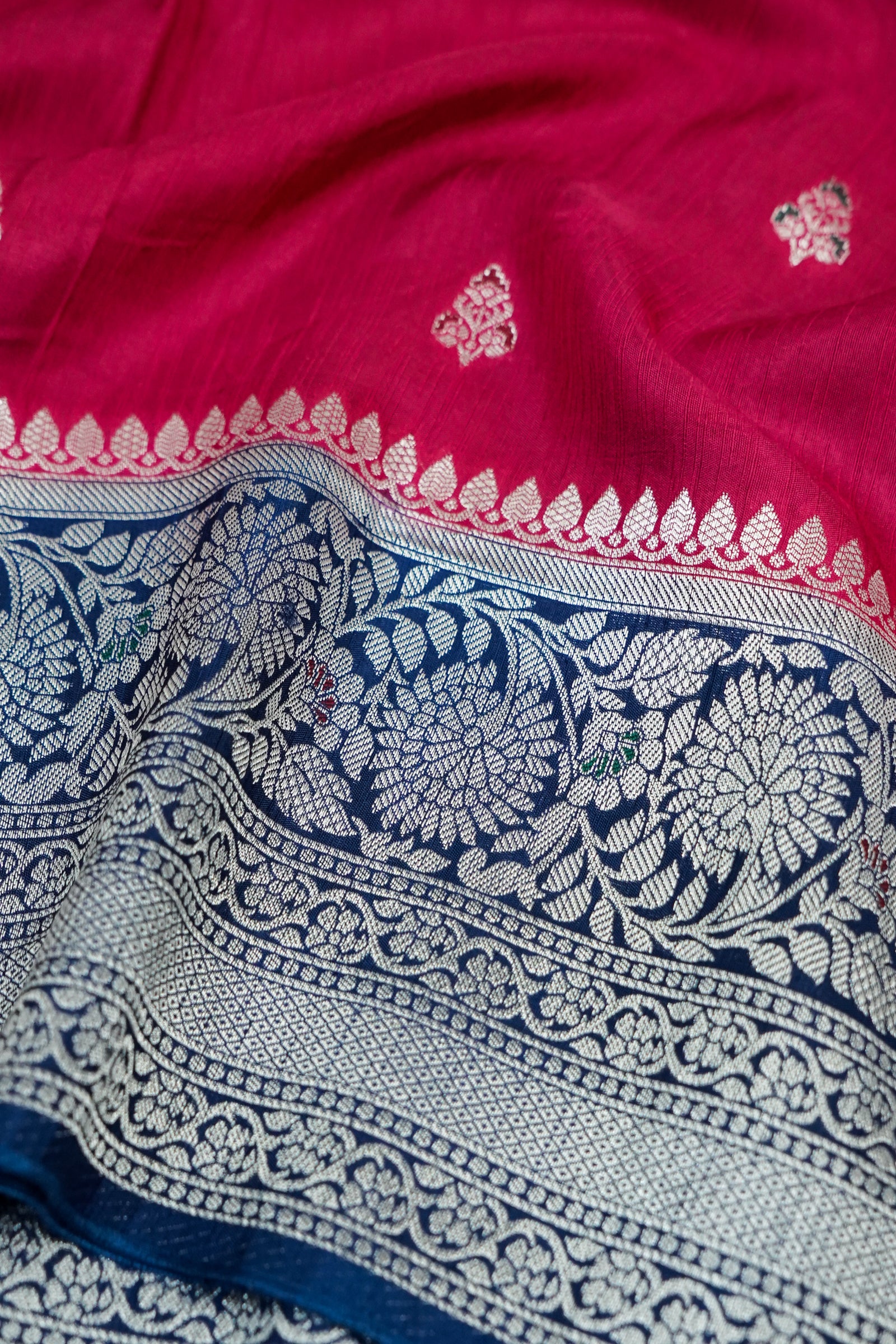 Hot Pink & Royal Navy Blue Dupion Silk Banarasi Saree