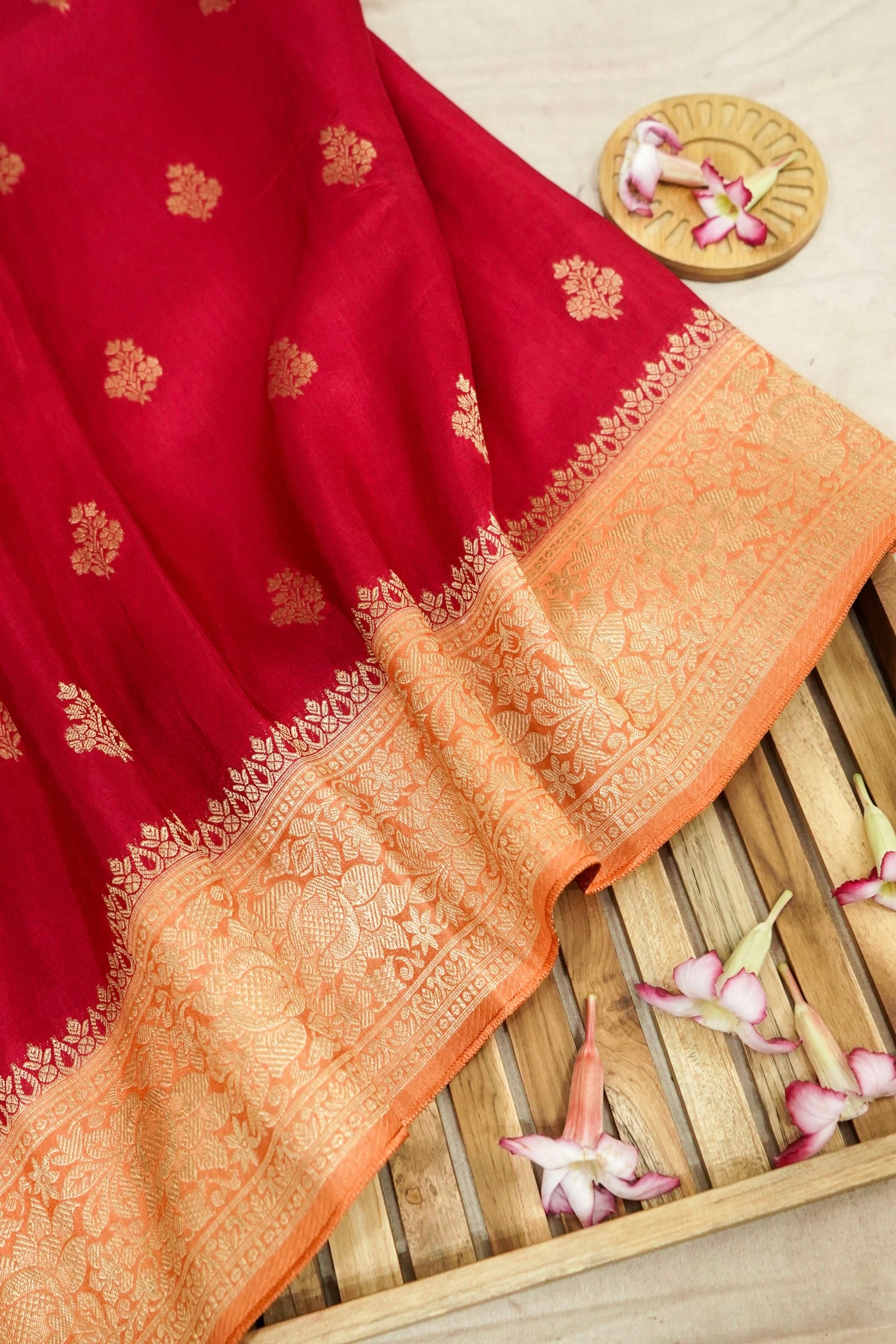 Hot Ruby Red Dola Silk Saree Peach-Gold Zari Border