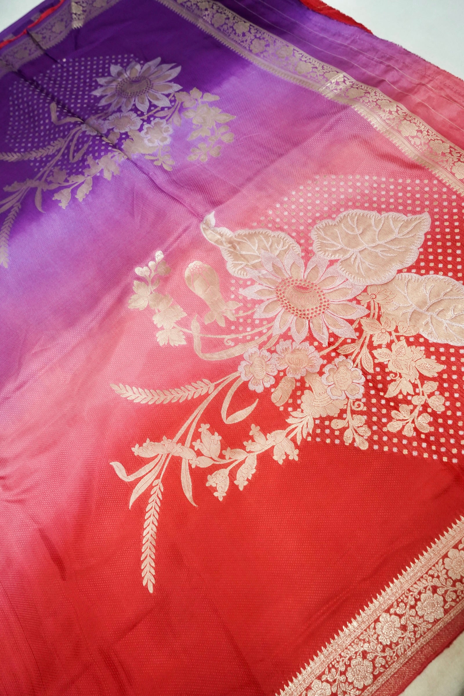 Dual Tone Orchid Purple & Red Pure Crepe Silk Saree
