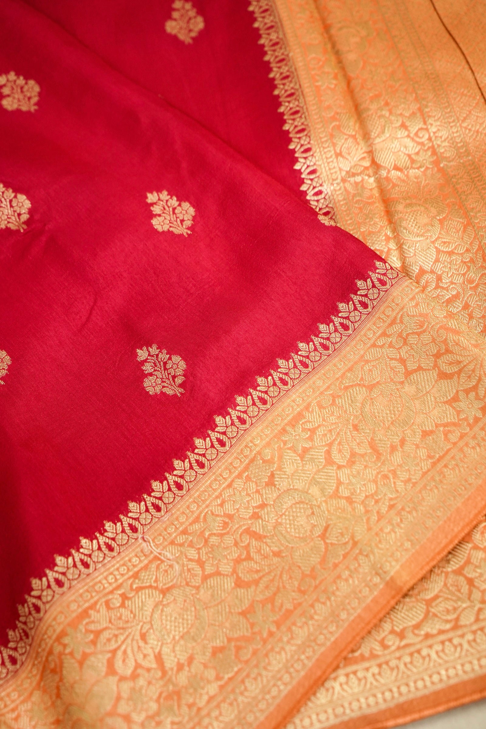 Hot Ruby Red Dola Silk Saree Peach-Gold Zari Border