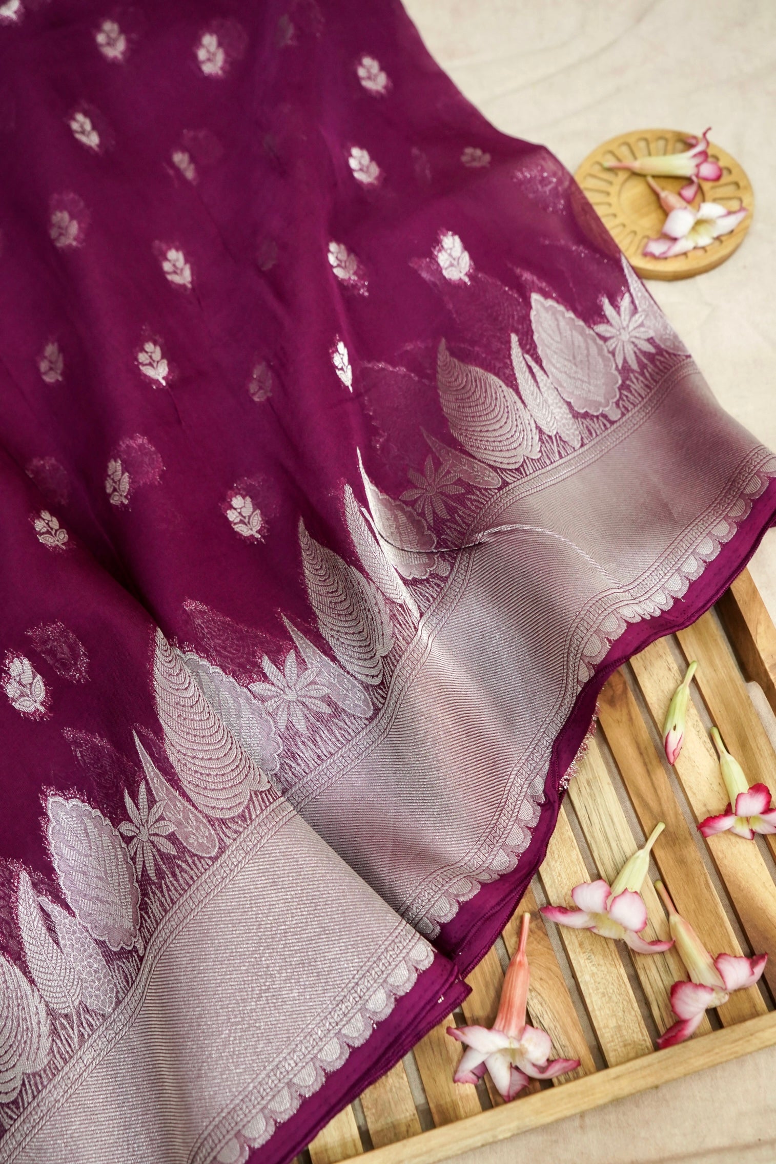 Deep Wine Crepe Georgette Silk Saree with Silver Zari Border