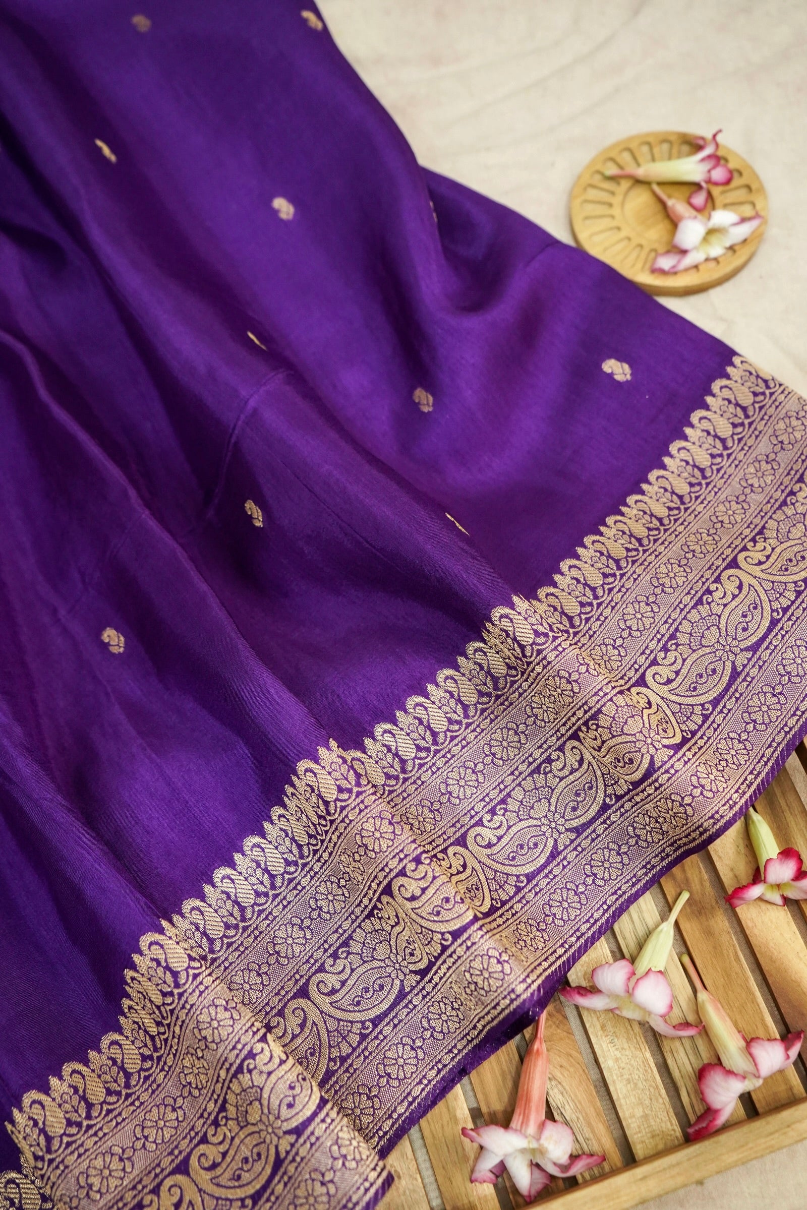 Royal Violet Purple Dupion Silk Saree with Gold Zari Border