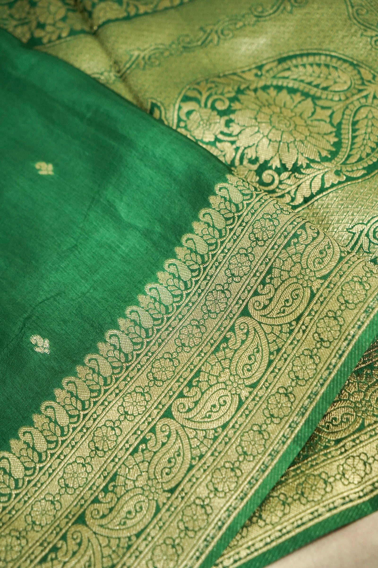 Emerald Green Dupion Silk Saree with Gold Zari Border