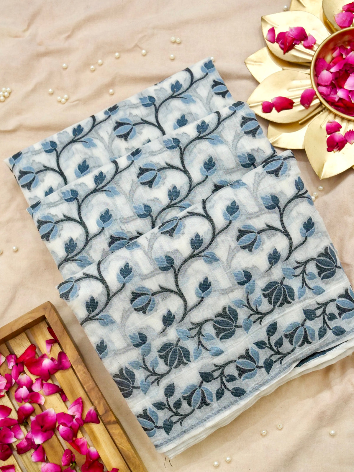 Ivory Jamdhani Style Saree with Slate Blue and Charcoal Grey Woven Motifs