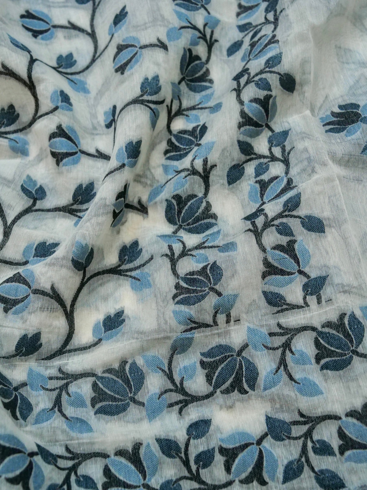 Ivory Jamdhani Style Saree with Slate Blue and Charcoal Grey Woven Motifs